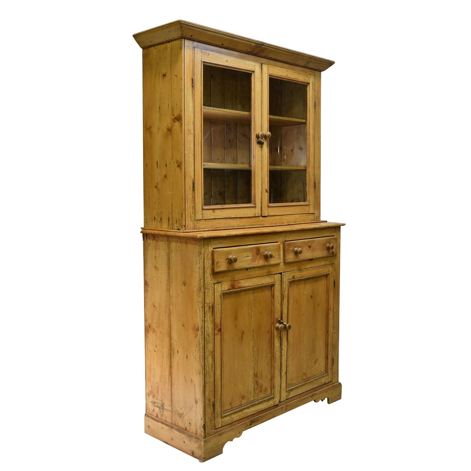 Rustic 19th Century English Country Cupboard in Pine with Glazed Doors 3