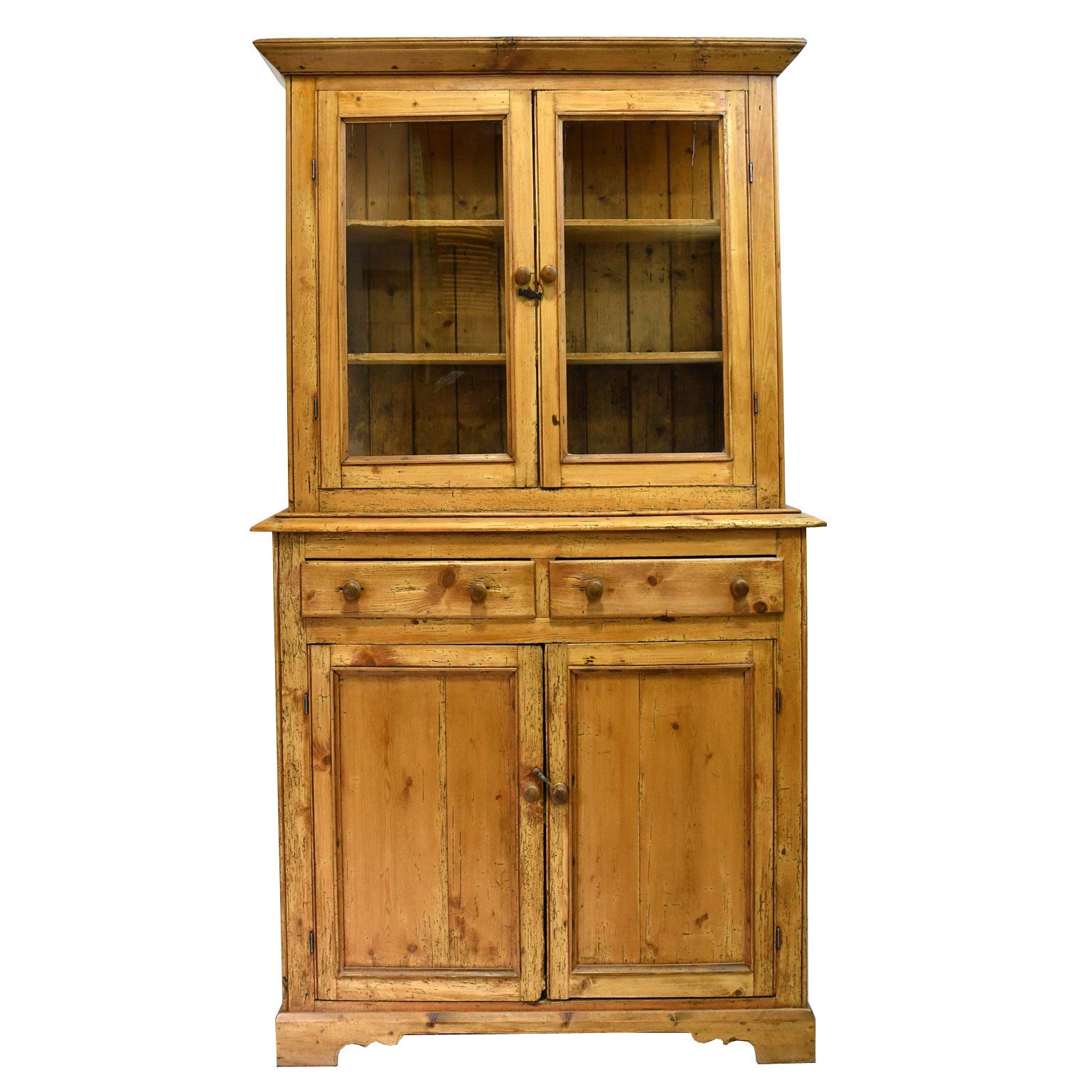 Rustic 19th Century English Country Cupboard in Pine with Glazed Doors