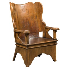 Rustic 19th Century English Walnut Lambing Chair with Carved Base