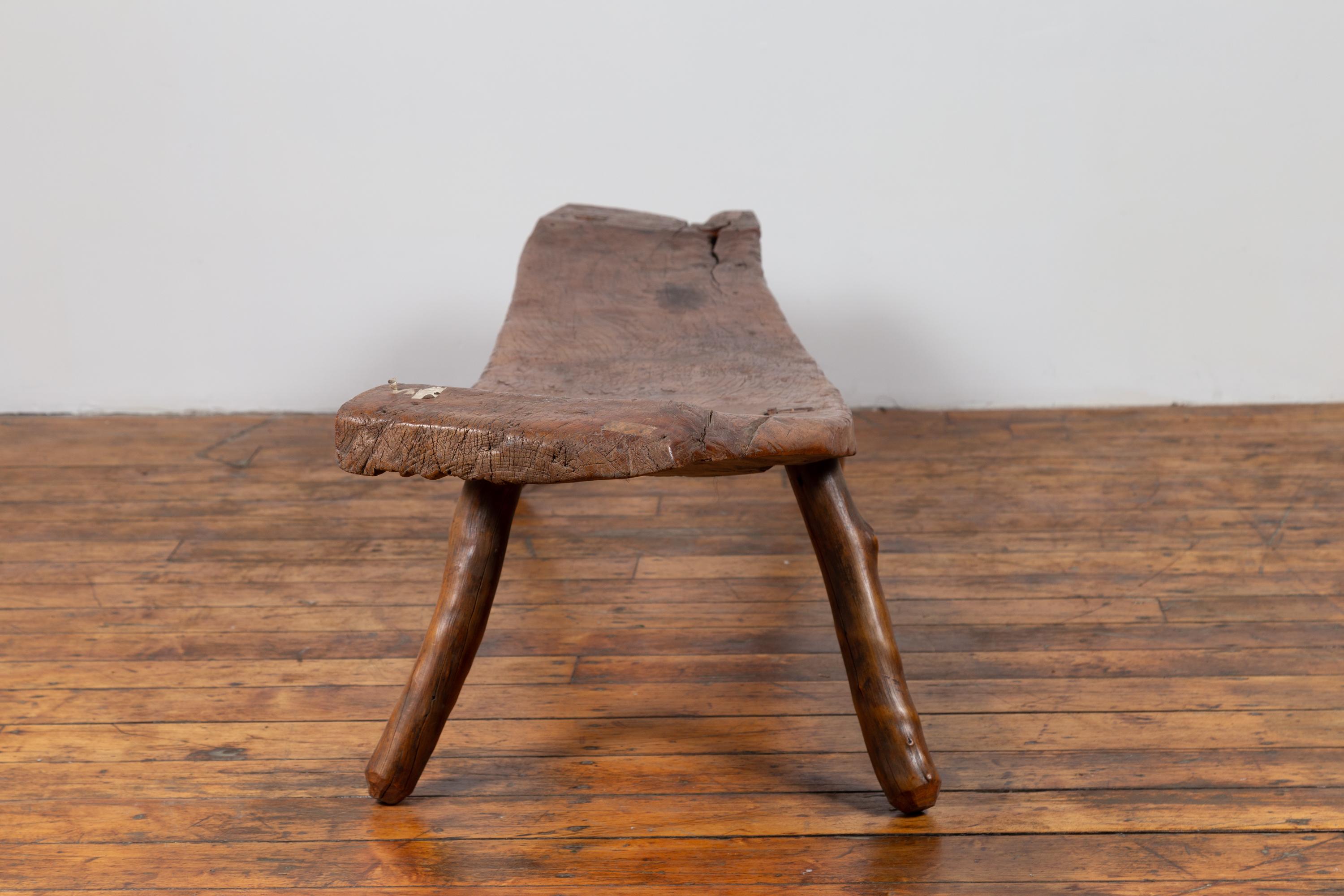 Rustic 19th Century Freeform Javanese Wooden Bench with Weathered Patina 6