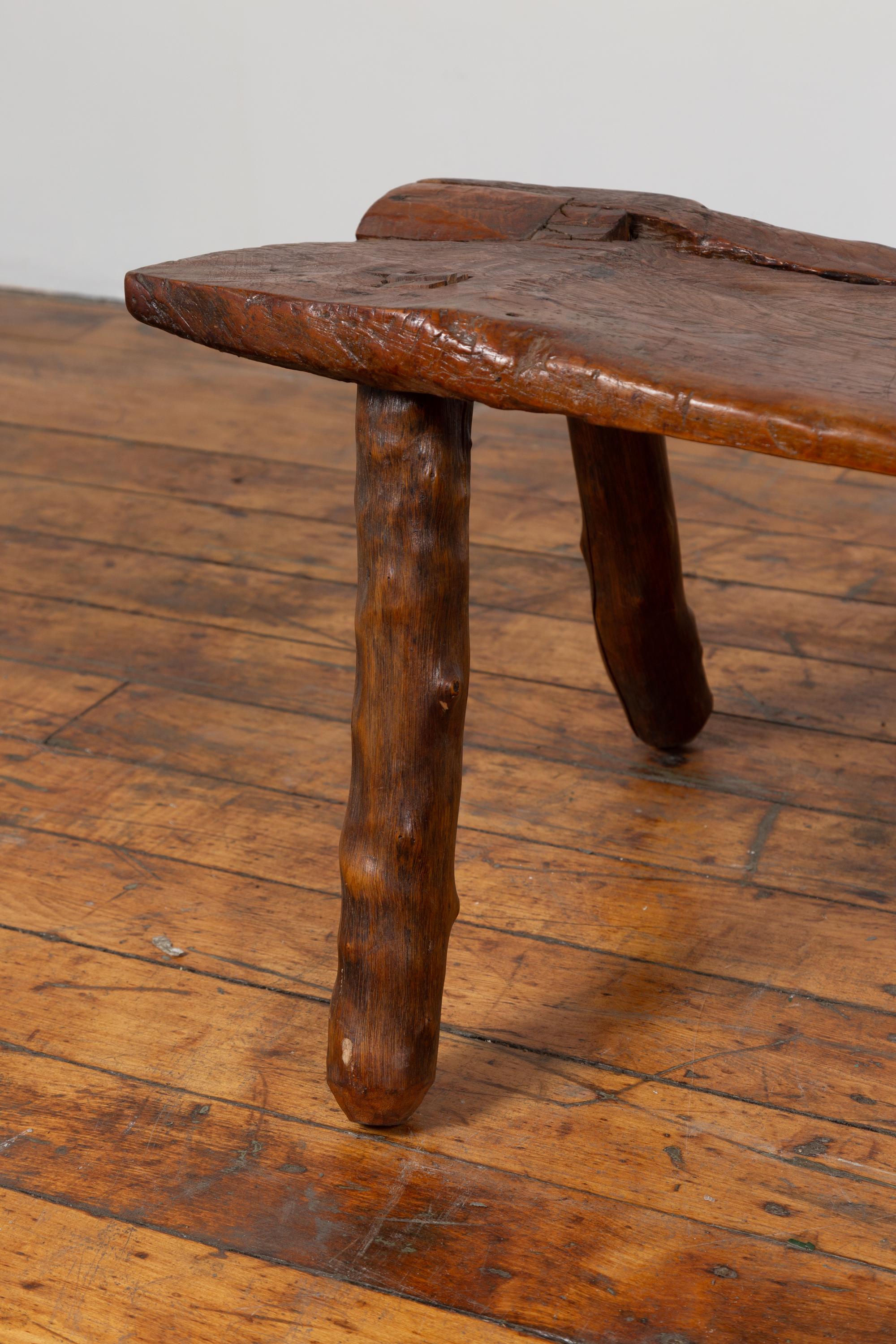 Rustic 19th Century Freeform Javanese Wooden Bench with Weathered Patina 1