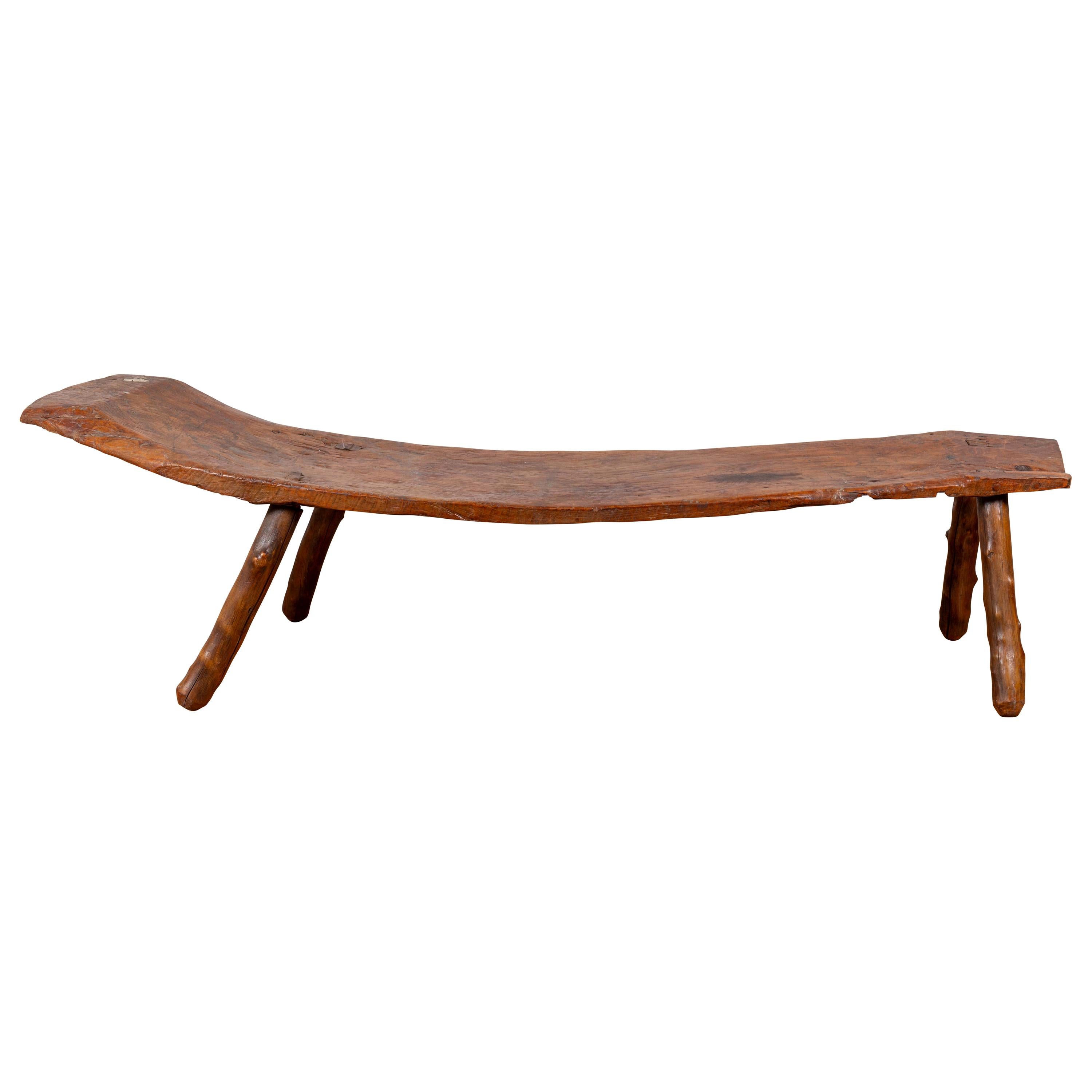 Rustic 19th Century Freeform Javanese Wooden Bench with Weathered Patina