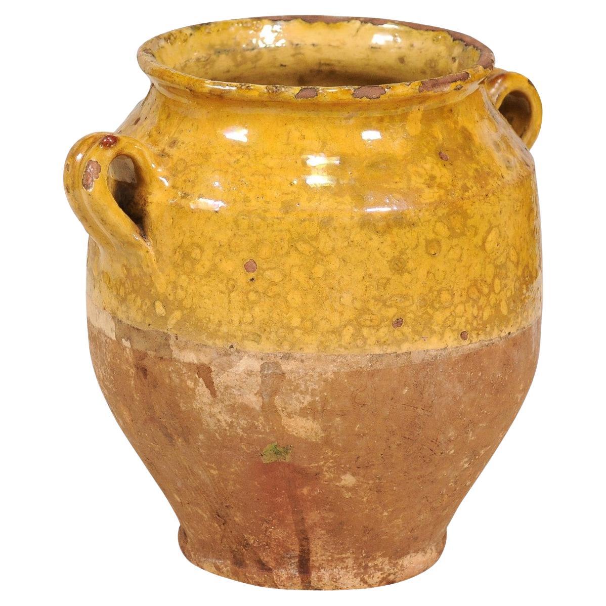 Rustic 19th Century French Provincial Pot à Confit with Yellow Glaze and Handles