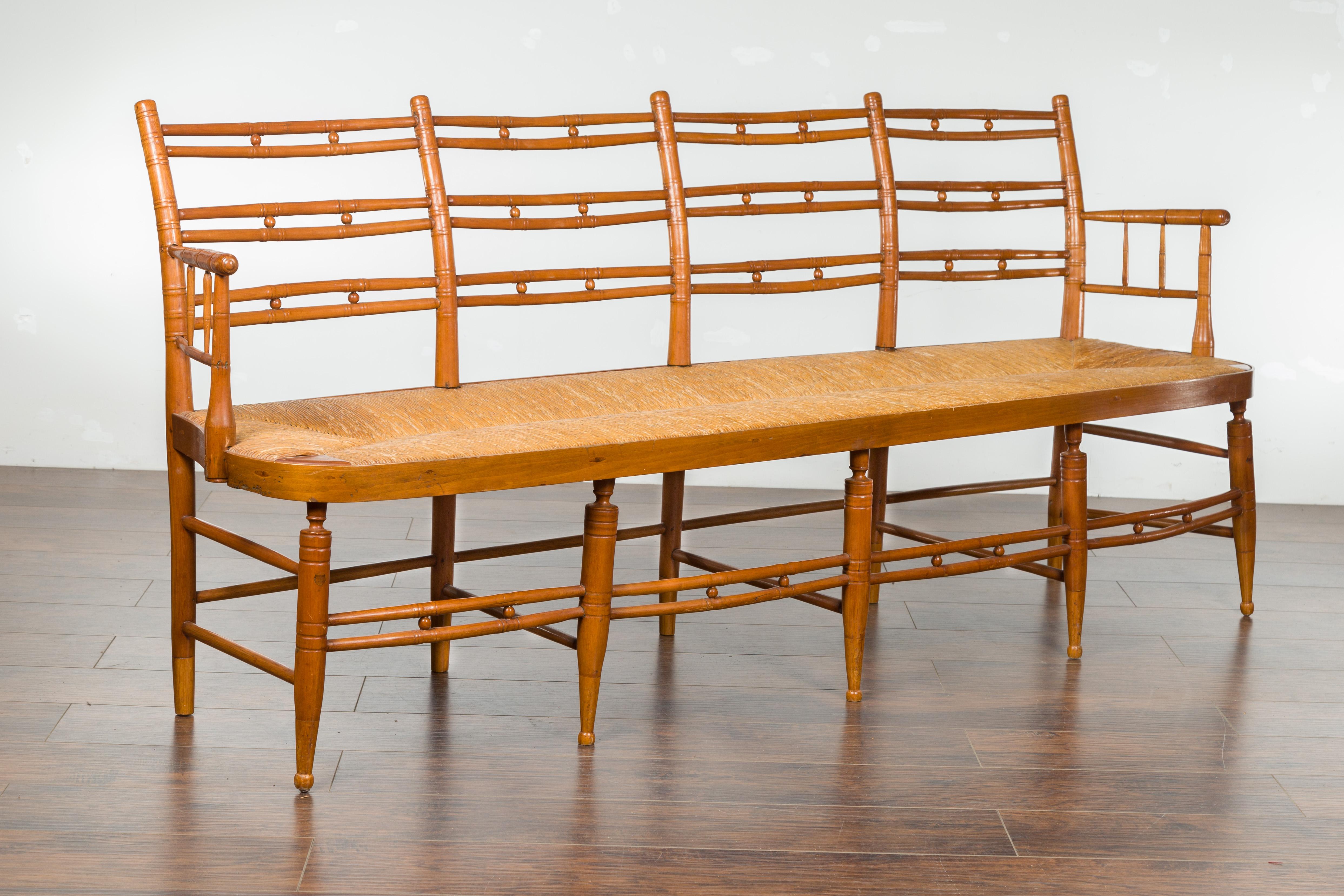 Rustic 19th Century French Walnut Bench with Open Back and Long Rush Seat 7