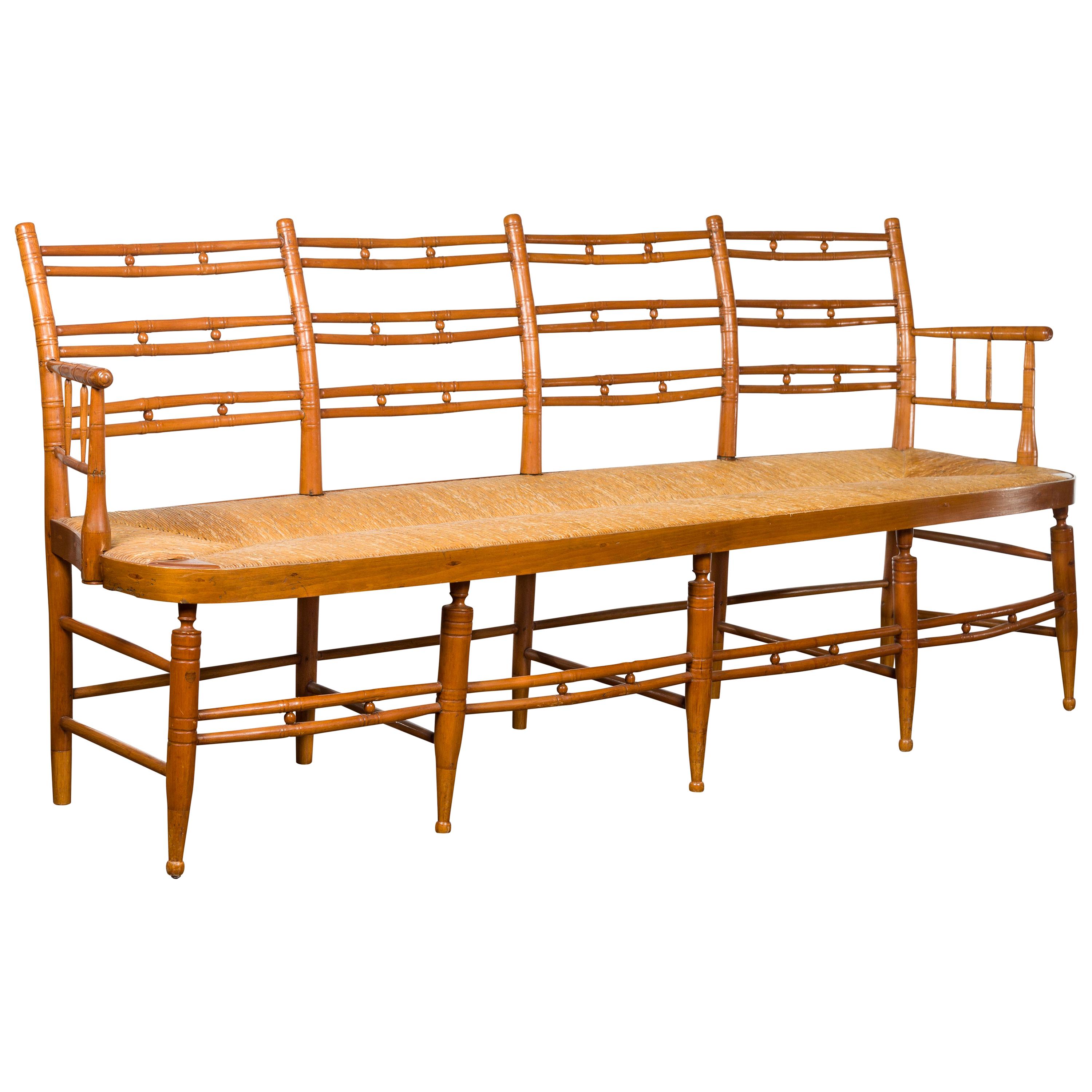 Rustic 19th Century French Walnut Bench with Open Back and Long Rush Seat
