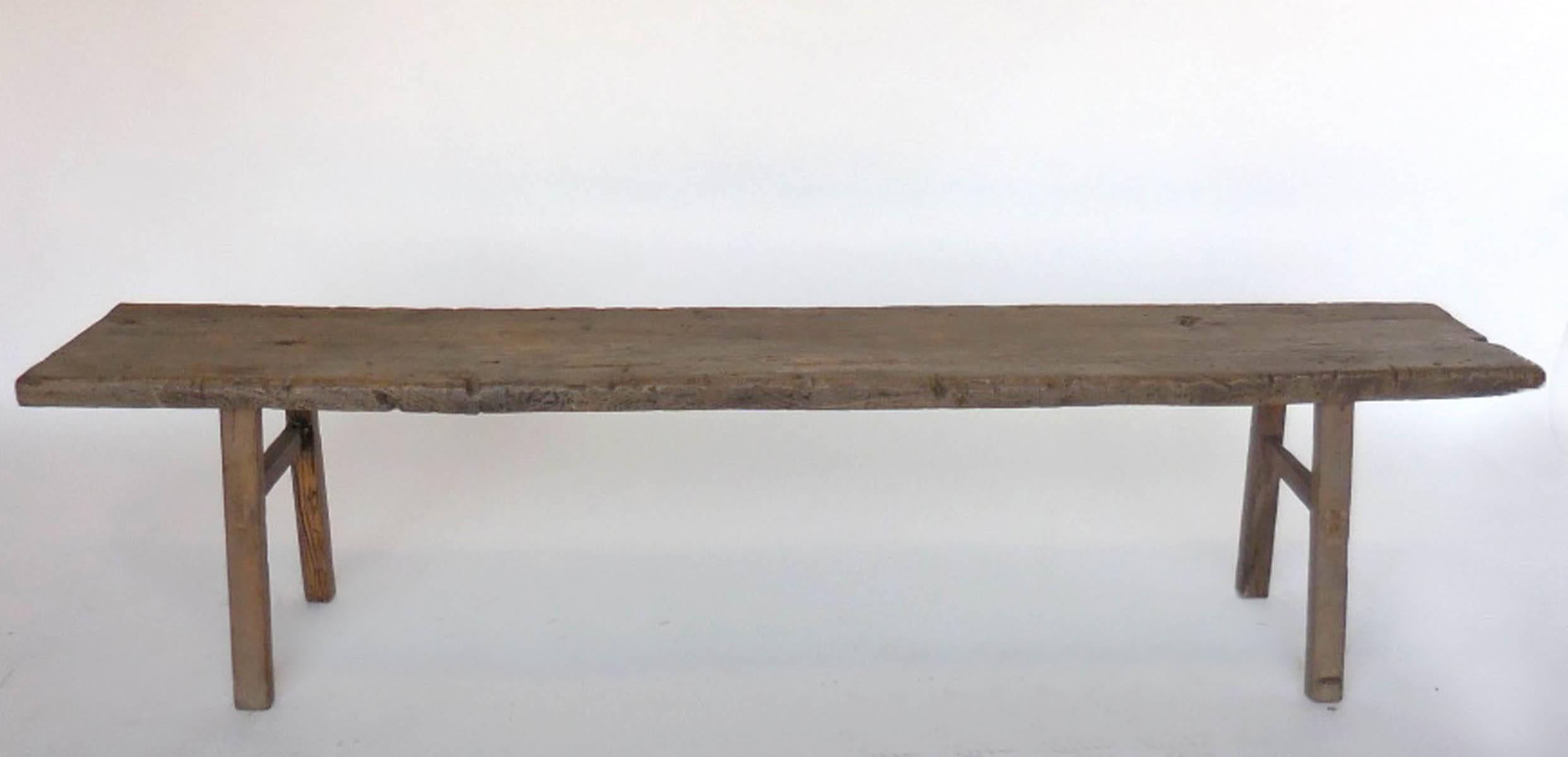 19th century Japanese carpenter's bench. Great simple look, smooth natural patina, clean lines, old cut use marks visible but worn down and smooth.