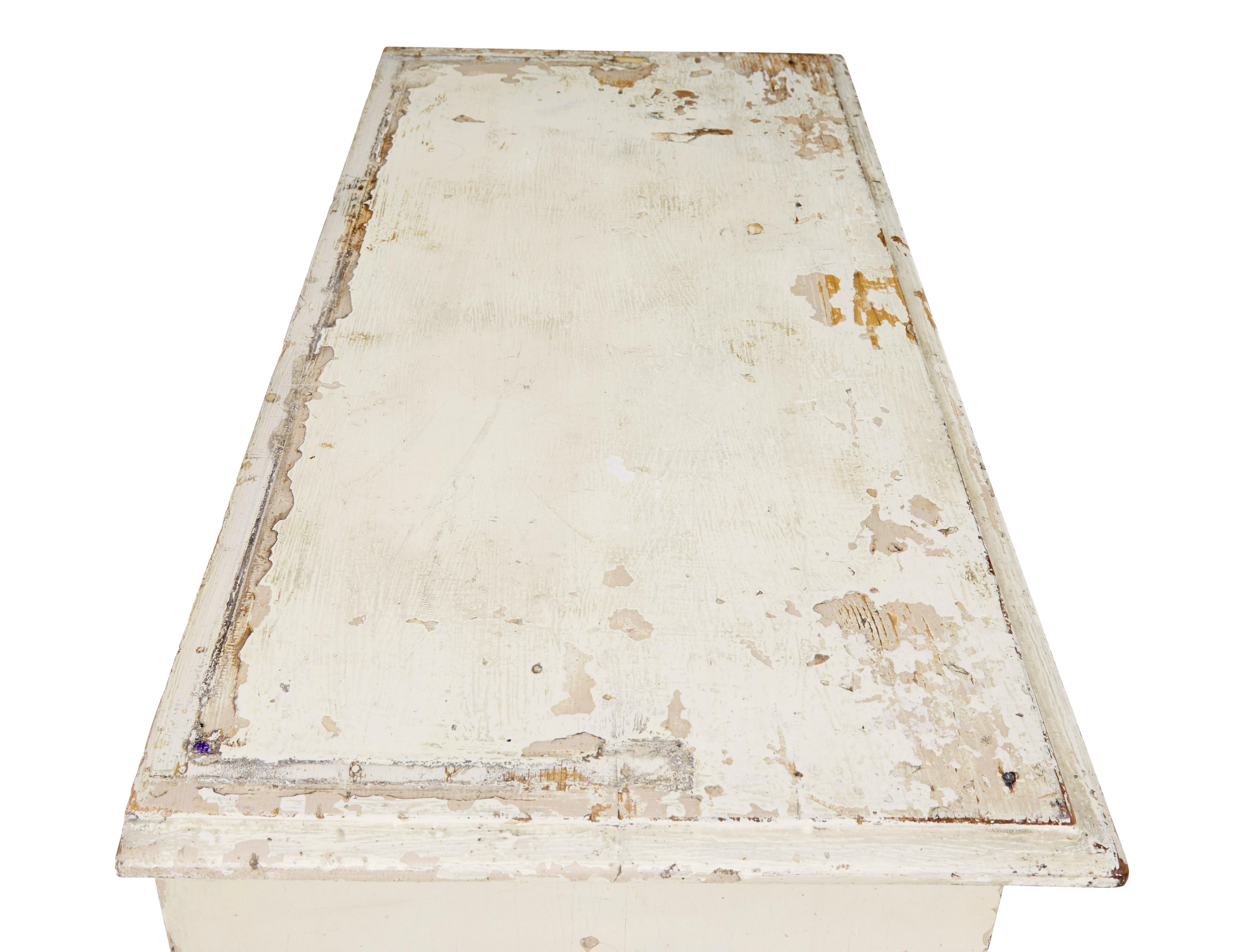 Rustic 19th century painted swedish pine dresser base circa 1880.

Here we offer a piece of rural traditional swedish furniture, ready for everyday use.

Original off white and wheat painted colour scheme.  2 deep drawers below the top surface with