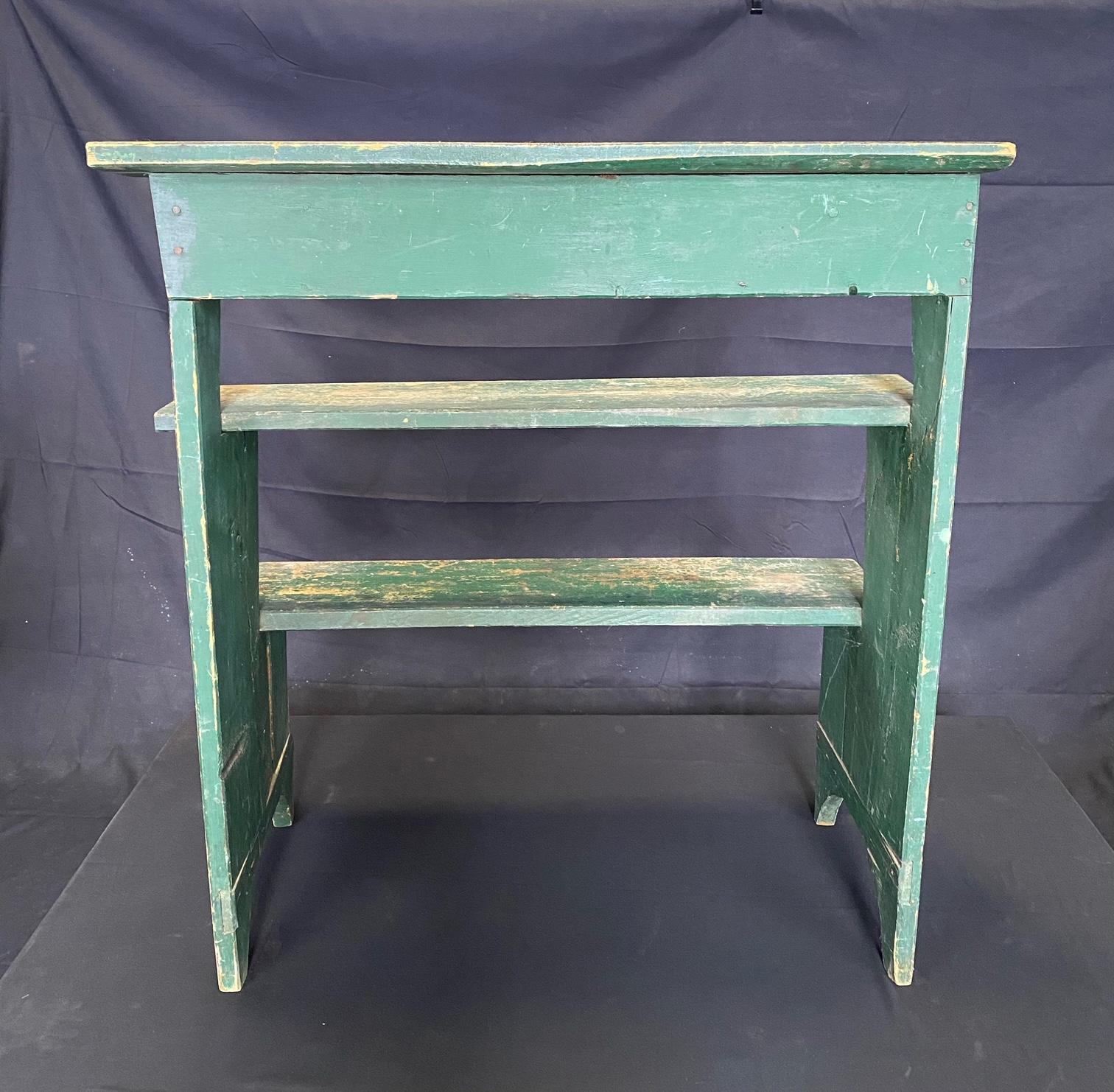 Beautiful classic 19th century waterfall steps which can serve as a plant stand or pot shelves. Lovely, original green early milk paint and rosehead nails. Waterfall garden, green house or patio plant pot shelves or decorative stand. Can be used