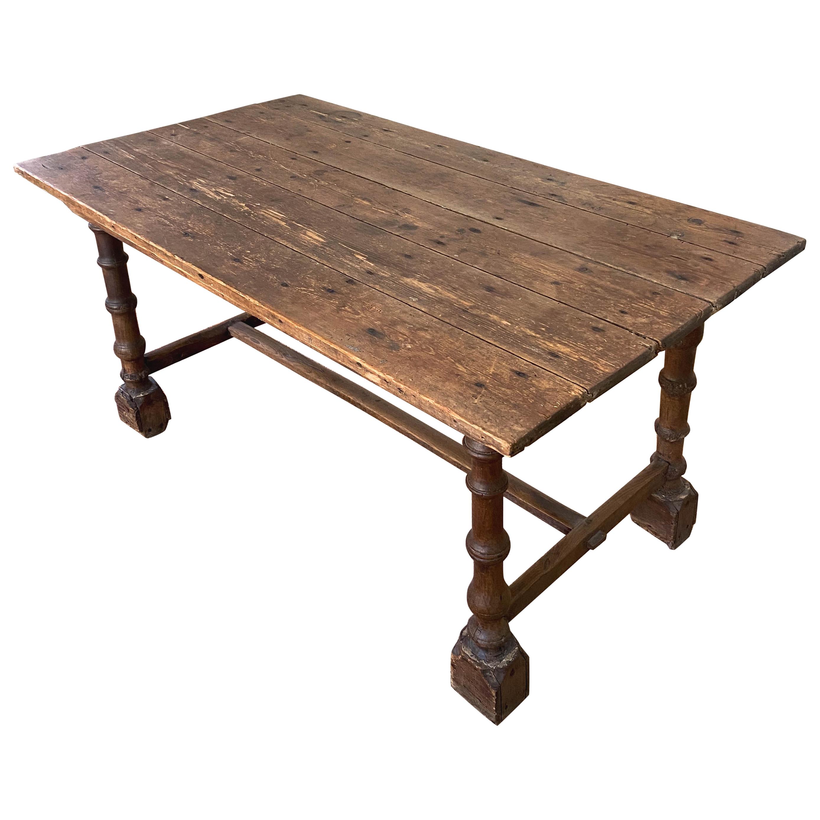 Rustic 19th Century Pine Table with Robust Leg Detailing For Sale