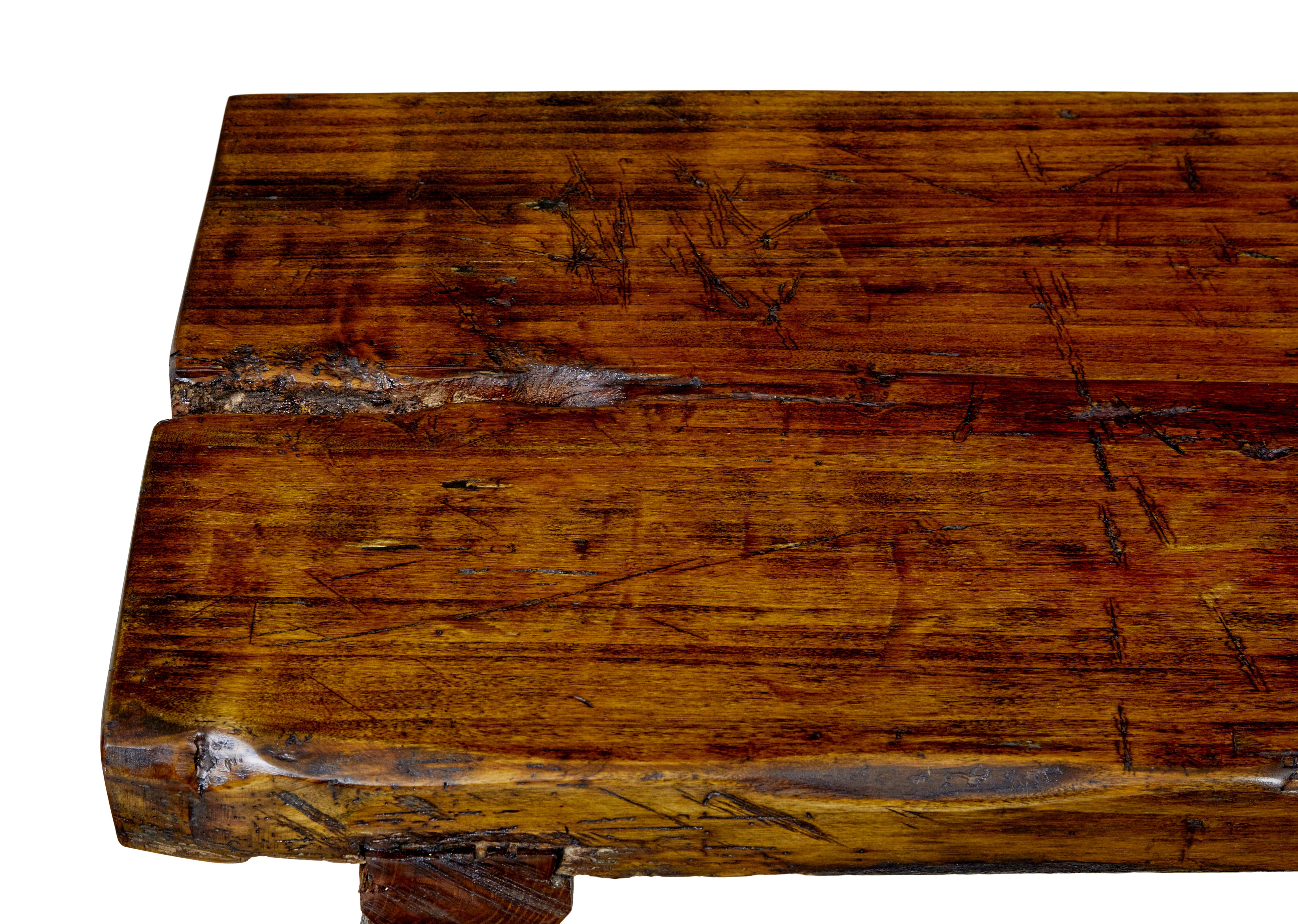Hand-Carved Rustic 19th century Scandinavian elm bench For Sale
