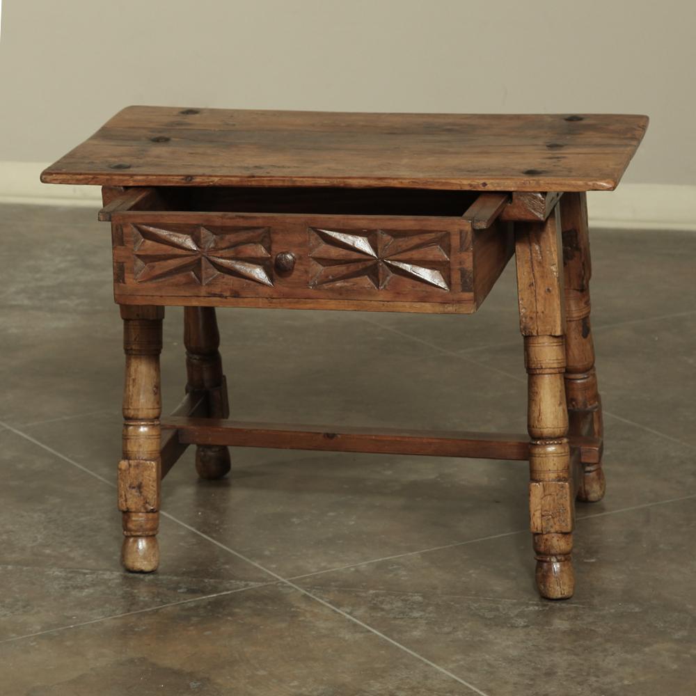 Spanish Colonial Rustic 19th Century Spanish Hand Carved End Table