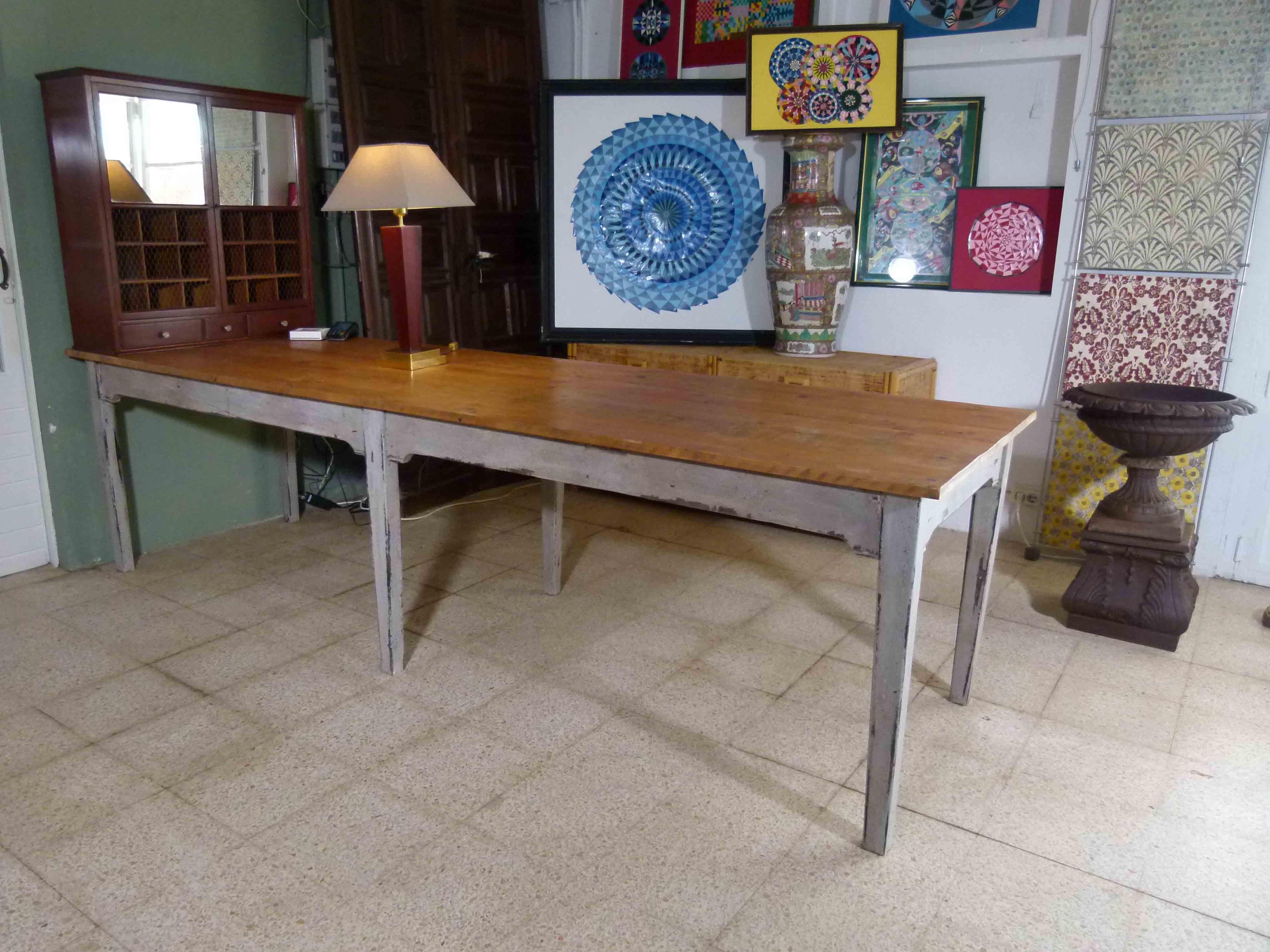 Large rustic 20th century dining table.  The base is patinated in grey blue an  the top is left with its natural wood color.
 