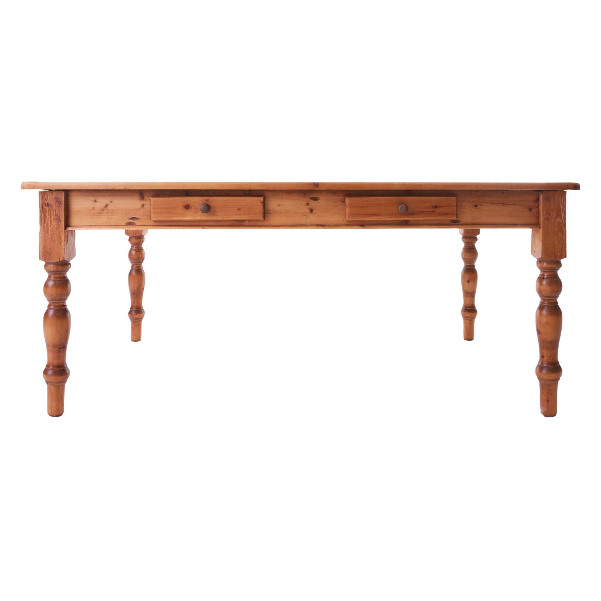 Rustic 20th Century Pine Farm Dining Table With Turned Legs and Drawers