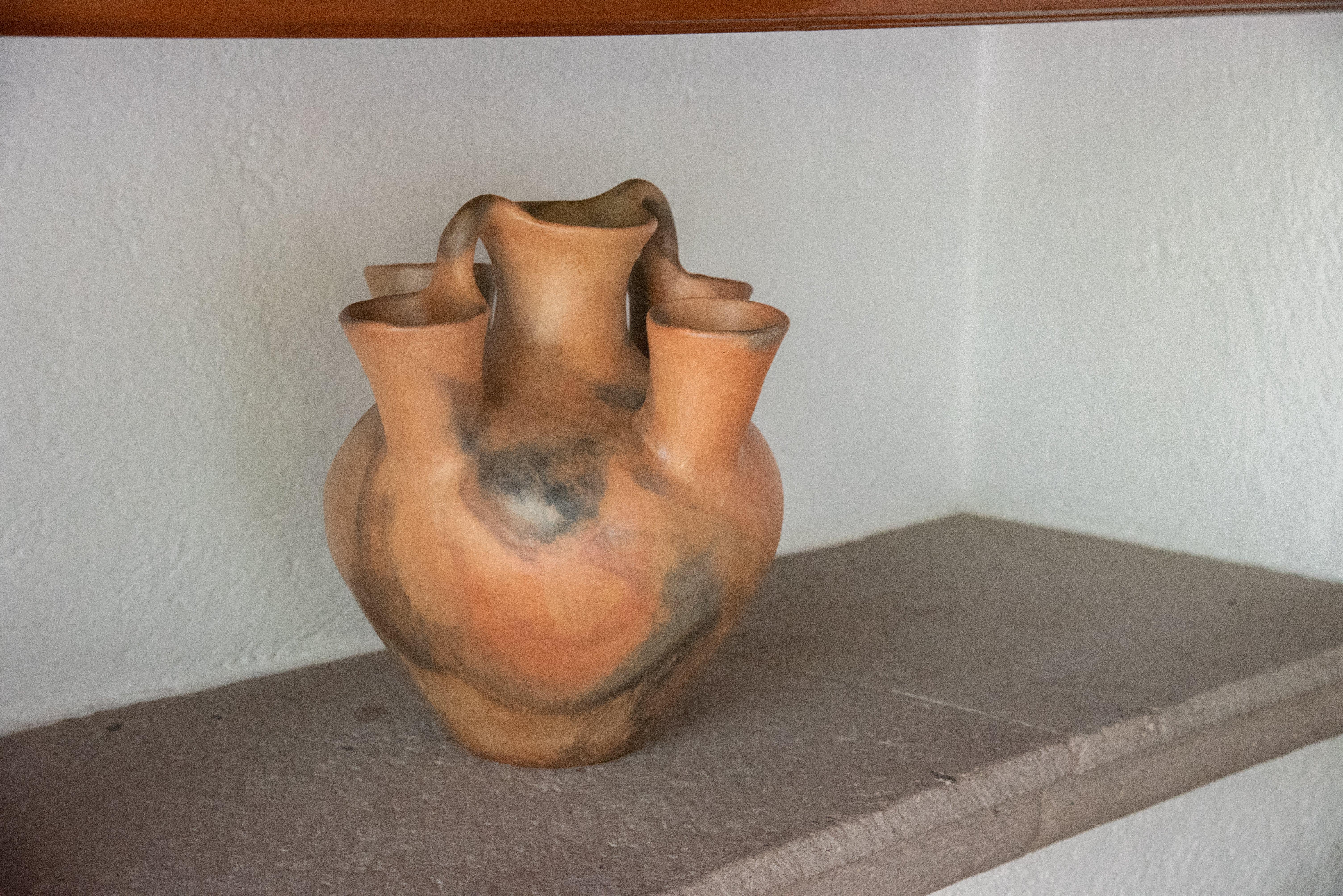 Contemporary Rustic 4 Mouth Mexican Vessel Terracota Natural Clay Native Mexican Folk Art 