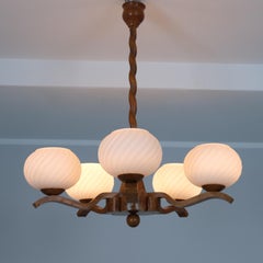 Rustic 5 Arm Pendant in Birch, Curly Birch and Glass, Finland 1940s