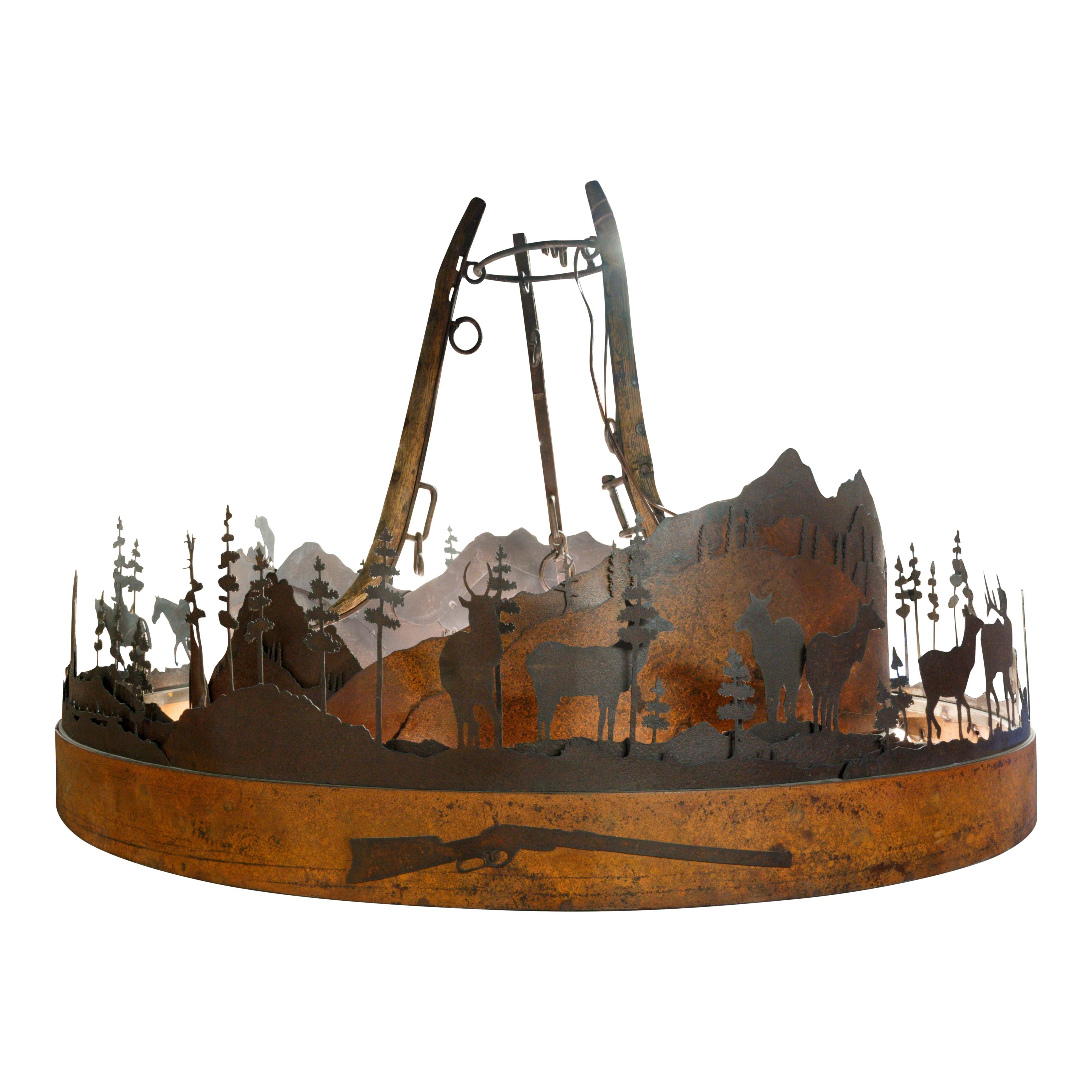 American Rustic Hanging Lamp of Saw Mill Steel For Sale