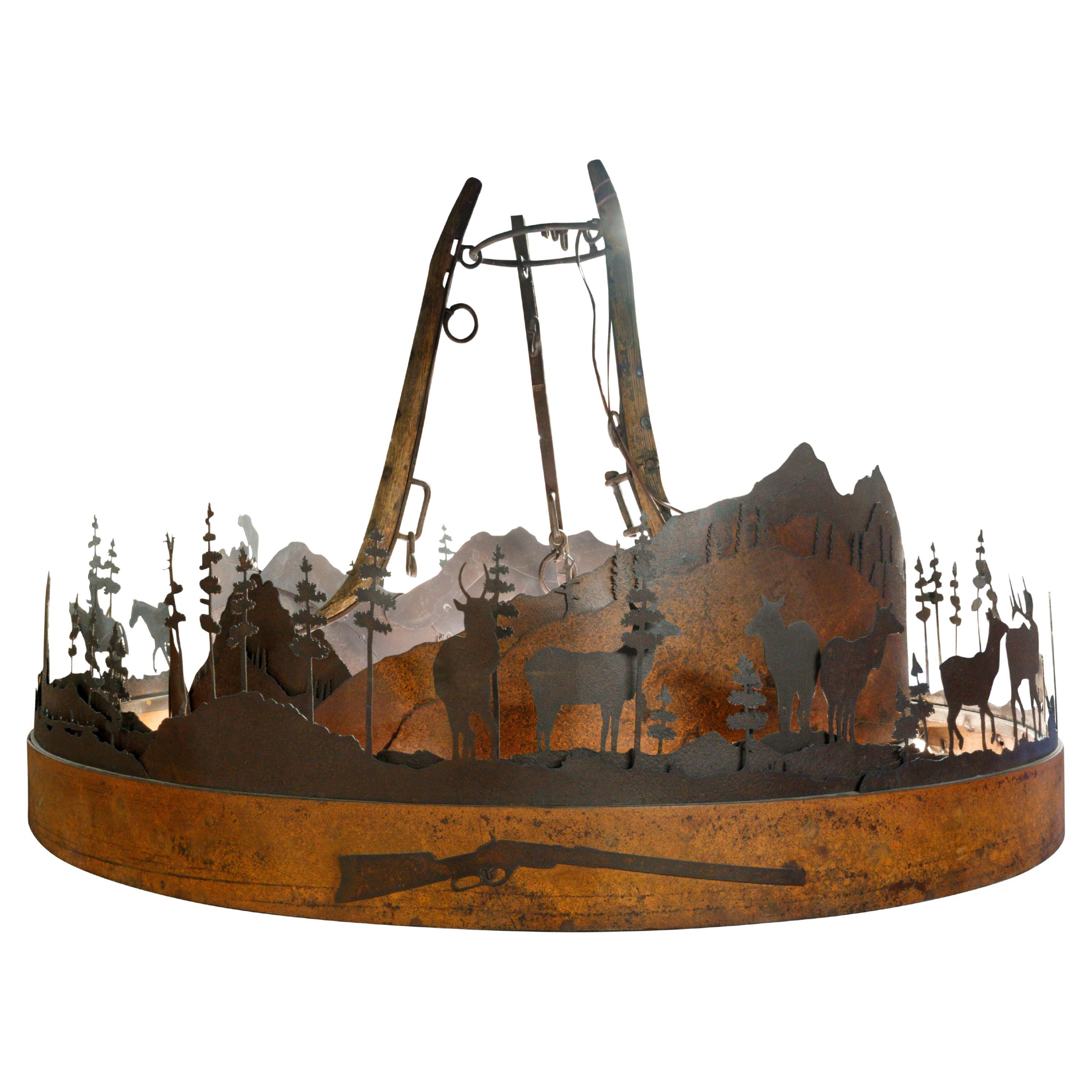 Rustic Hanging Lamp of Saw Mill Steel For Sale