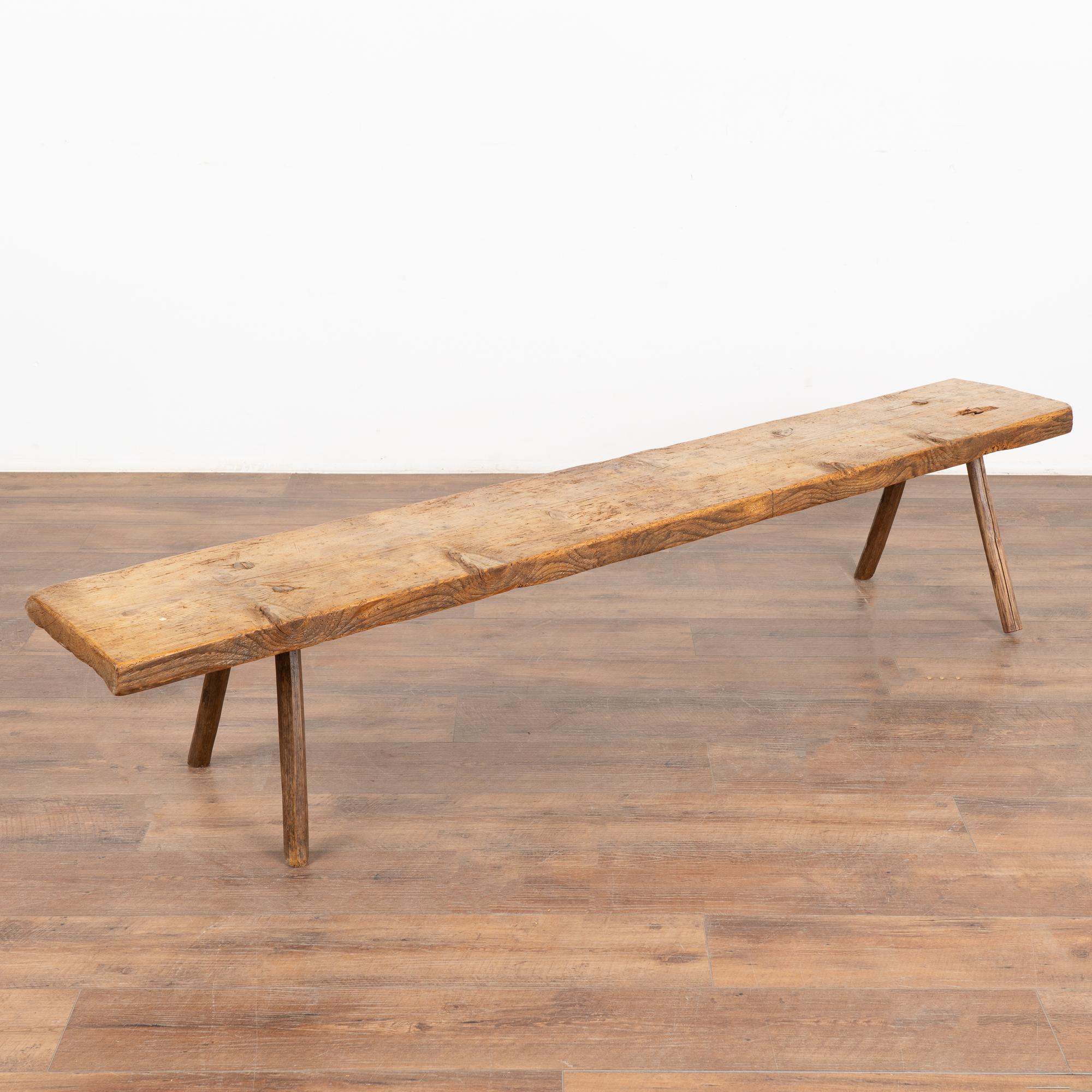 19th Century Rustic 6' Long Peg Leg Narrow Bench, Hungary circa 1890