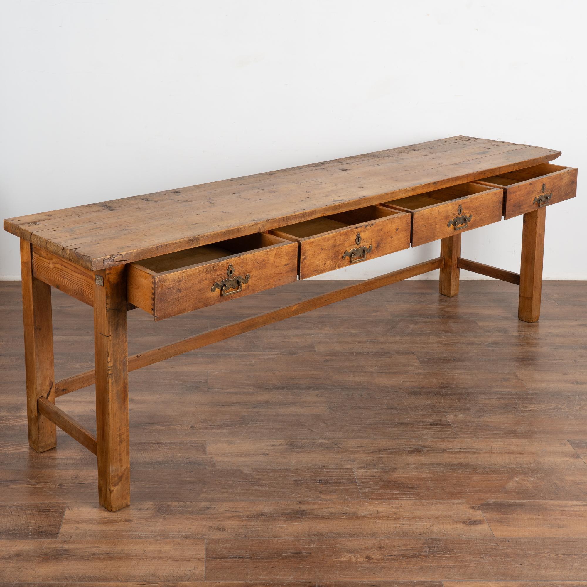 Hungarian Rustic 8' Long Console Table Work Table With Drawers, Hungary circa 1900-20