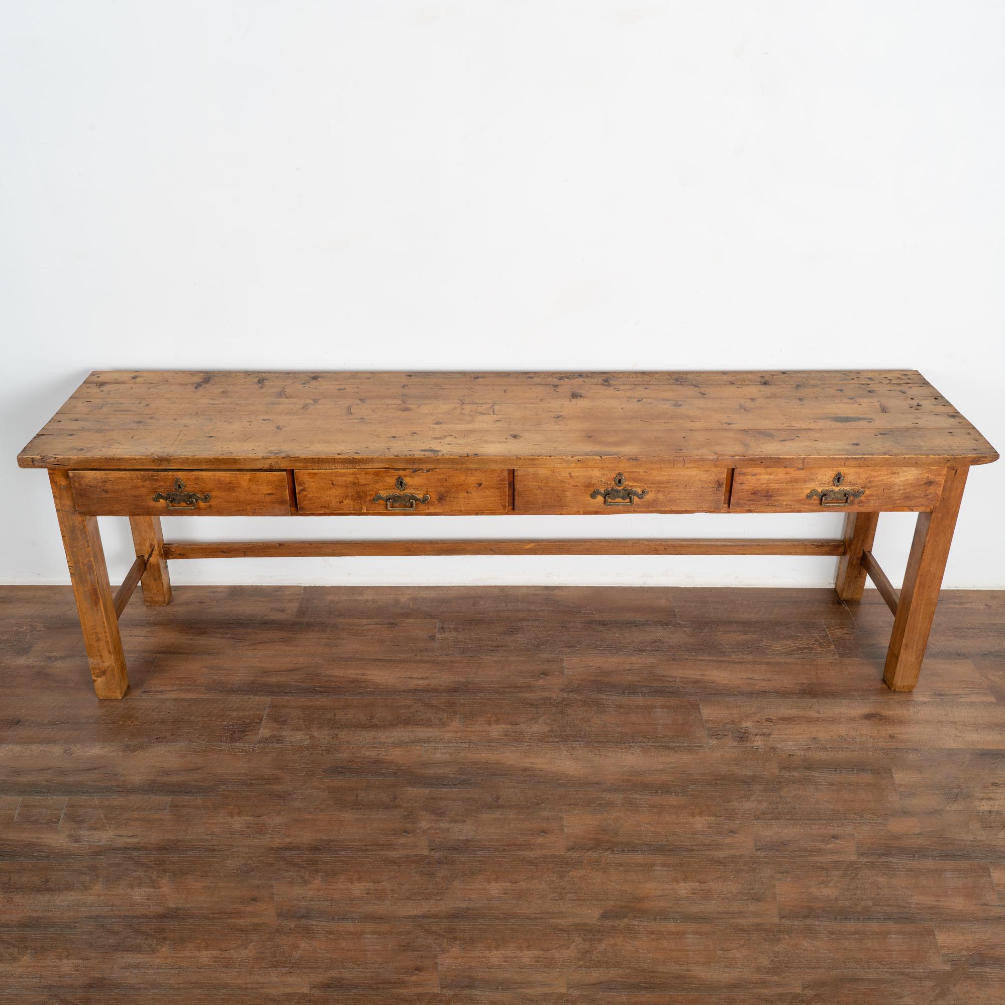 20th Century Rustic 8' Long Console Table Work Table With Drawers, Hungary circa 1900-20