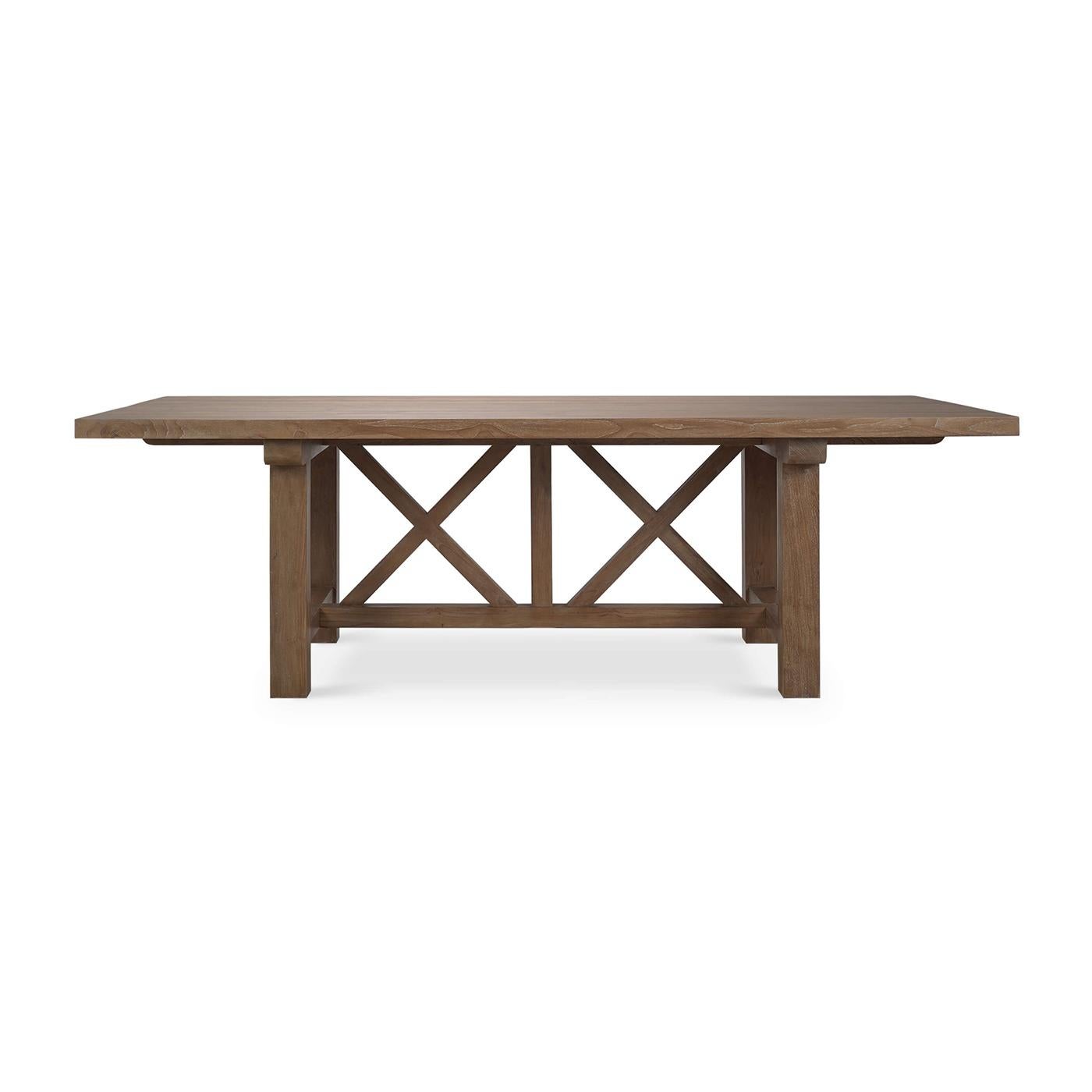 Elevate your dining experience with this exquisite 96-inch dining table crafted from reclaimed teak wood and finished in Teak Straw Wash. Featuring a robust and rustic design, this table is perfect for adding a touch of natural elegance to any