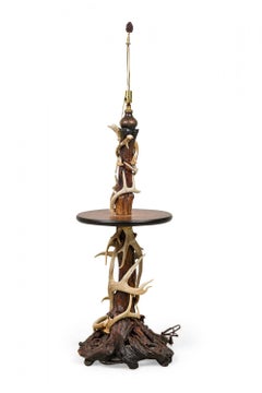 Rustic Adirondack Antler and Wood Circular Lamp Table / Floor Lamp
