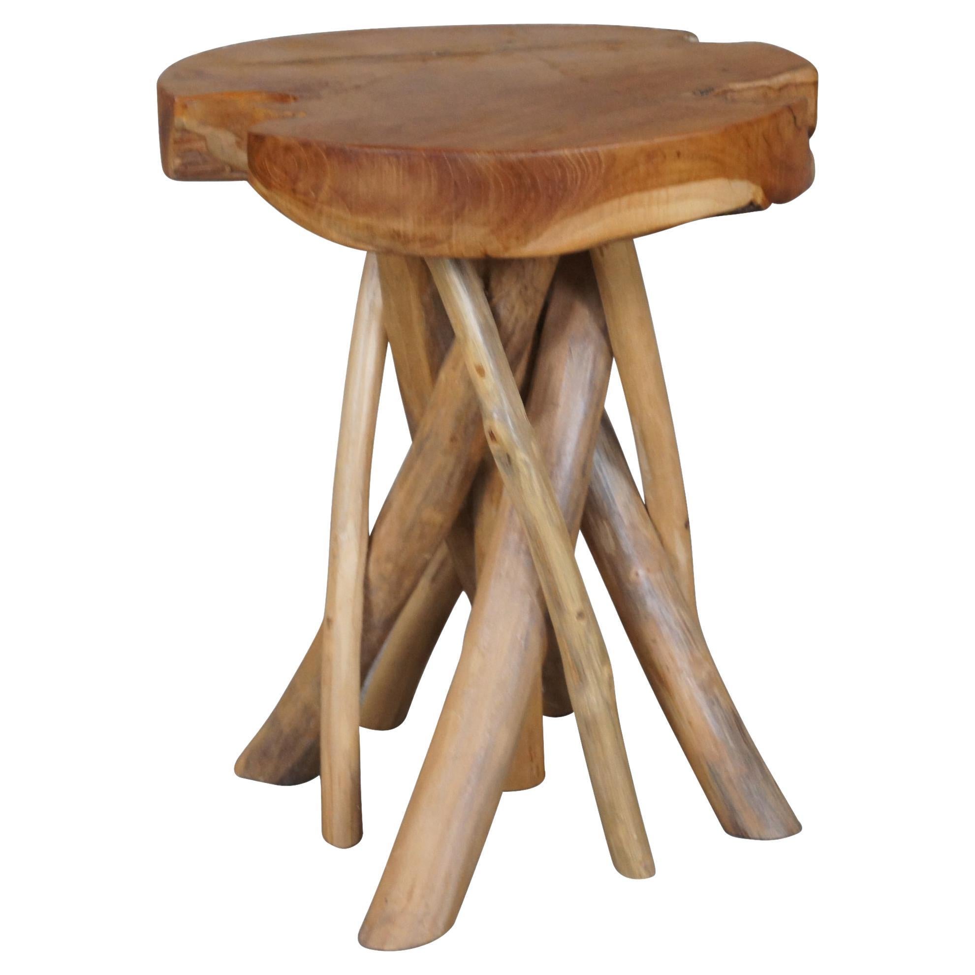 Rustic Adirondack Farmhouse Country Scalloped Slab Side Table Branch Base Stool For Sale