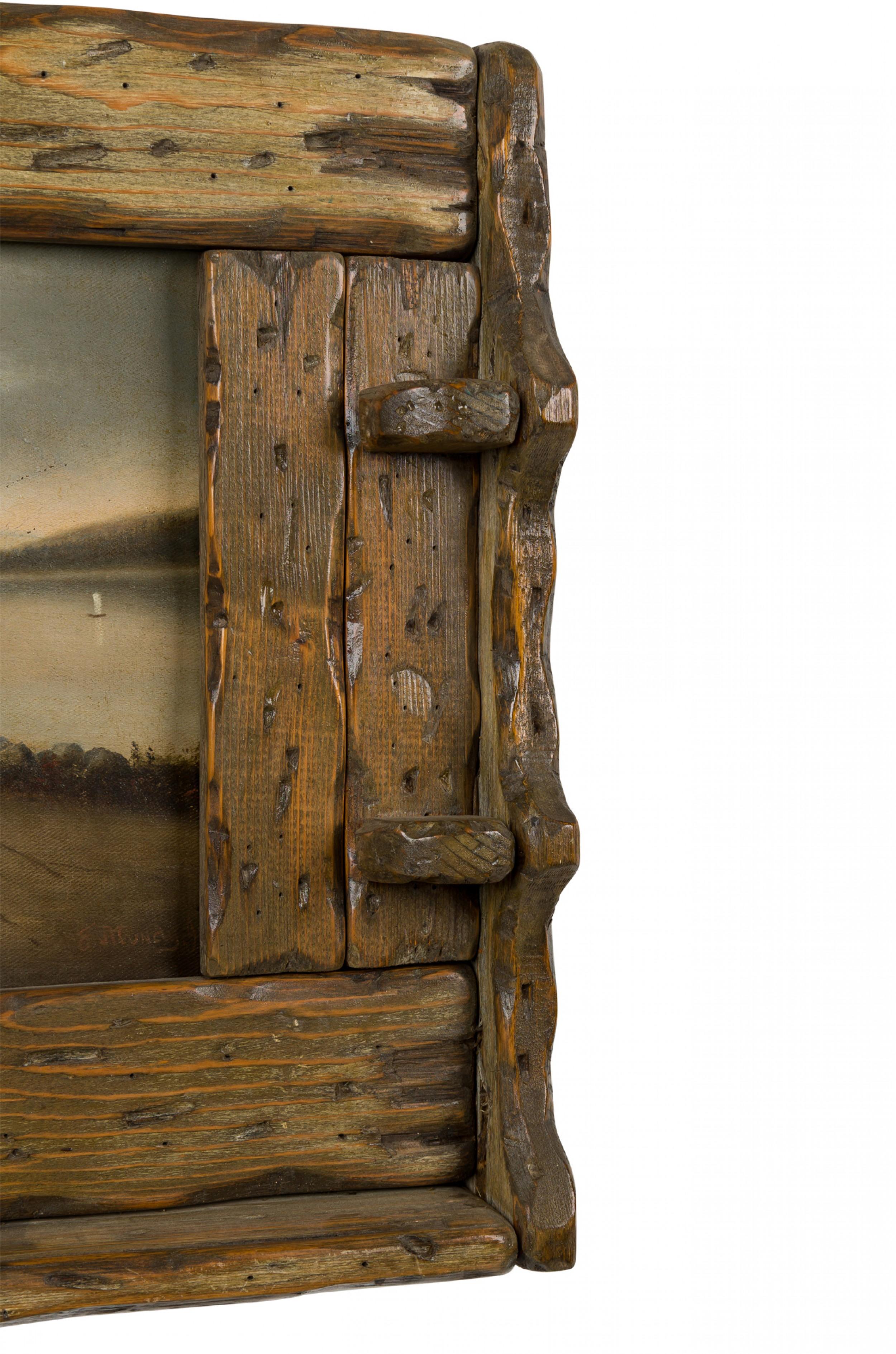 20ième siècle Peinture à l'huile rustique d'un paysage des Adirondacks dans un cadre en bois taillé en vente