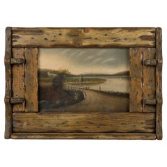 Pittura ad olio di un paesaggio rustico dell'Adirondack in una cornice di Wood Wood scavato