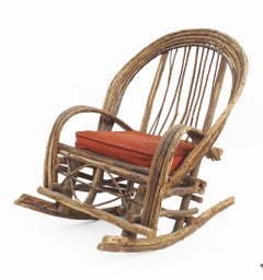 Rustic Adirondack Rocking Chair, Hand-Crafted Willow, Red Cushion, USA