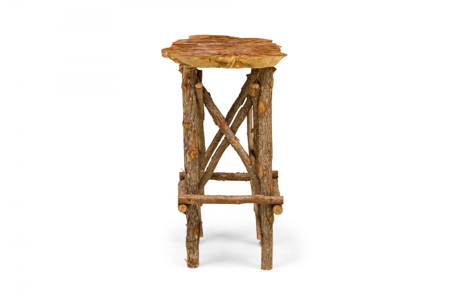 American Rustic Adirondack Scalloped Petrified Wood and Branch Base Side / End Table For Sale
