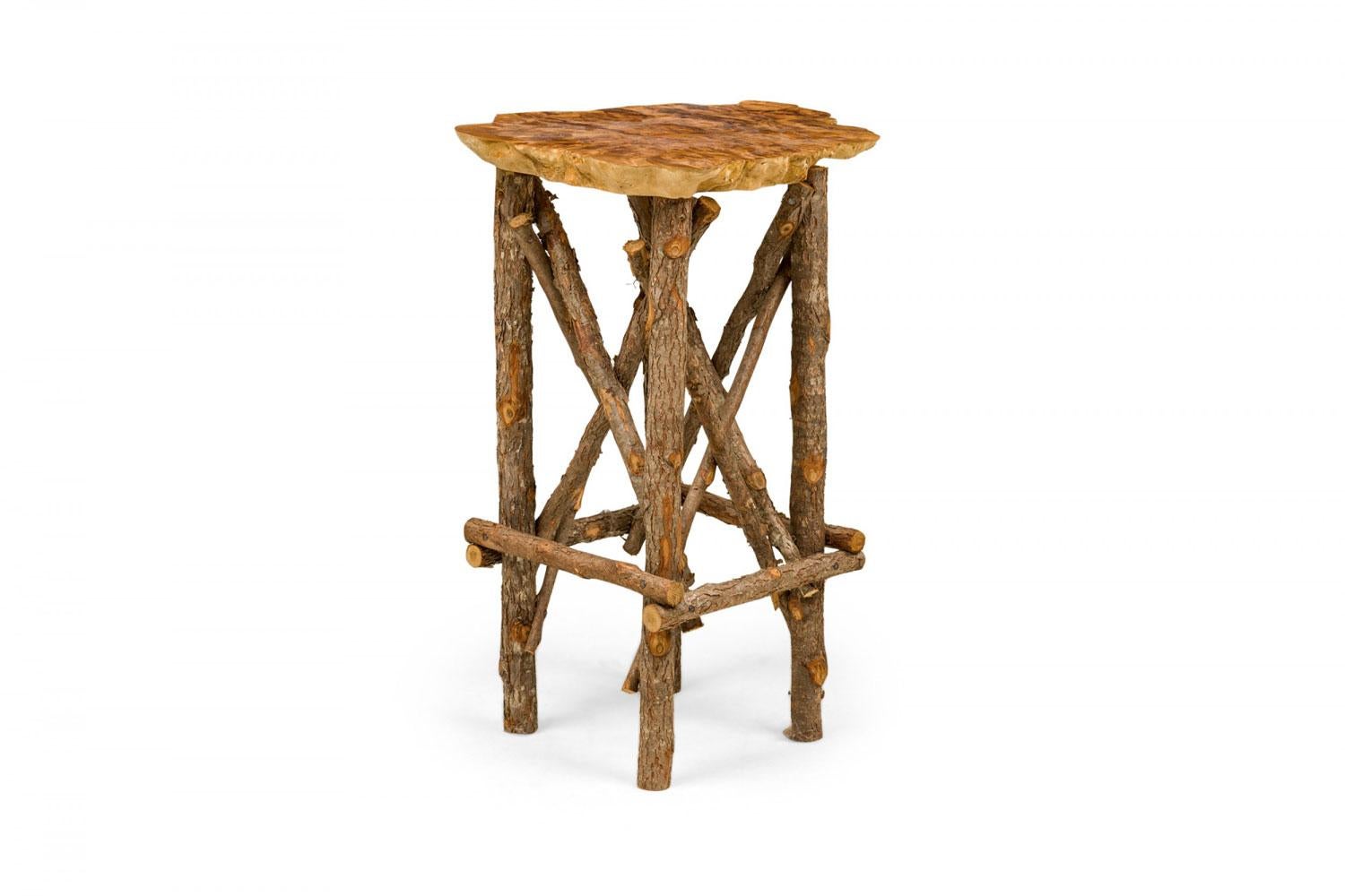 Rustic Adirondack Scalloped Petrified Wood and Branch Base Side / End Table In Good Condition For Sale In Queens, NY