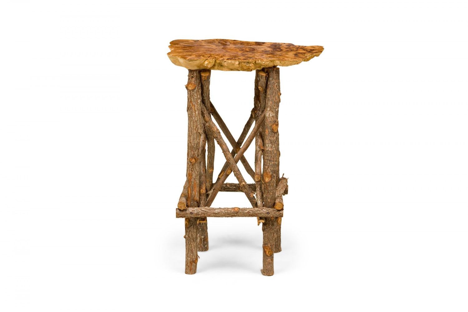 20th Century Rustic Adirondack Scalloped Petrified Wood and Branch Base Side / End Table For Sale