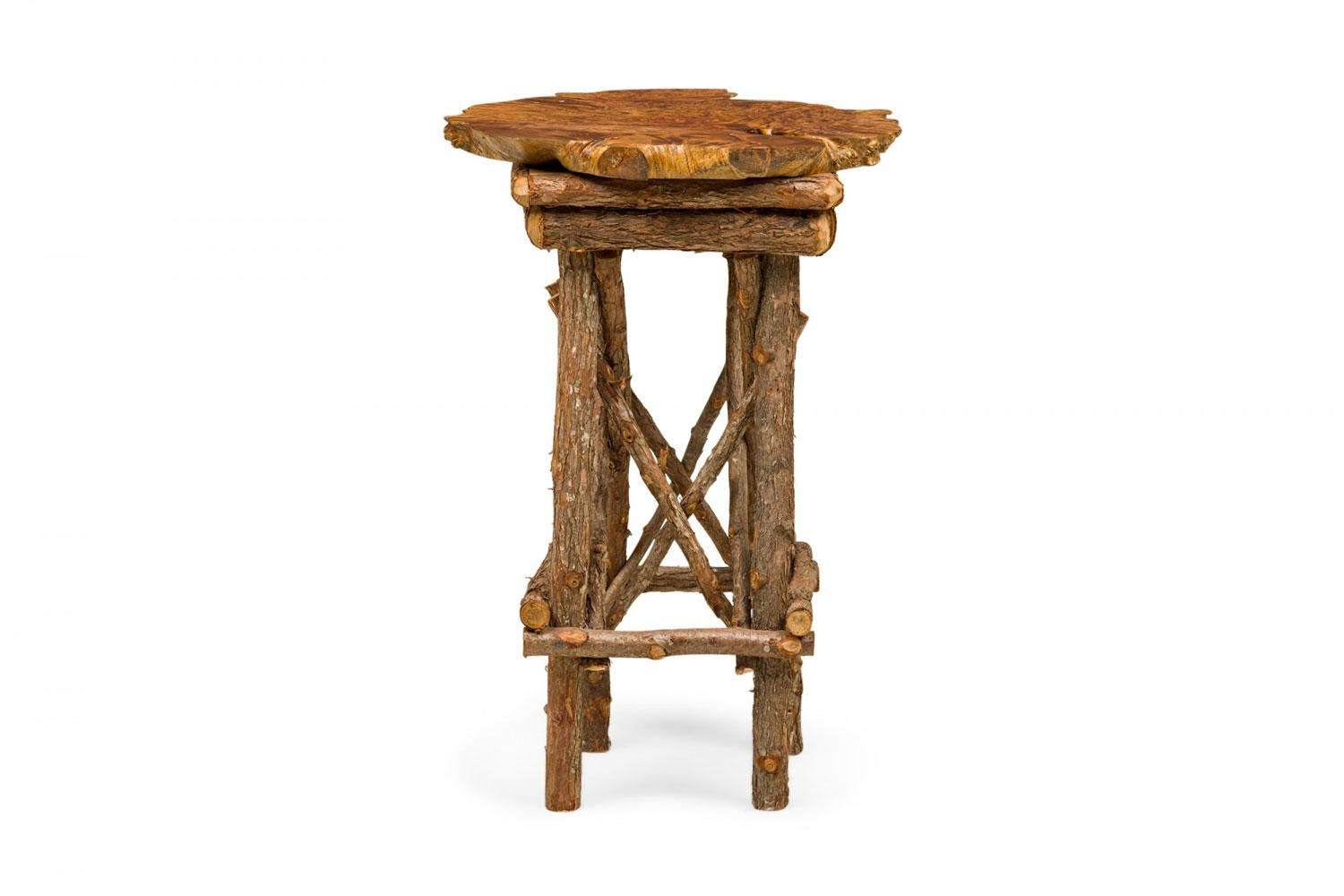 American Rustic Adirondack Scalloped Petrified Wood and Branch Side / End Table For Sale