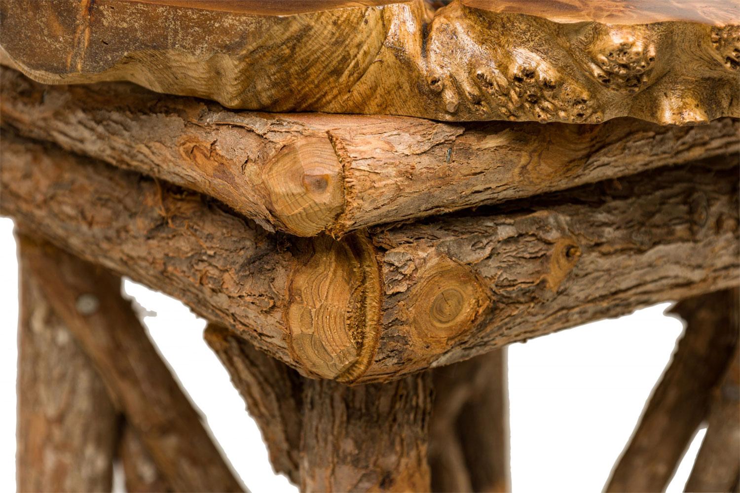 Rustic Adirondack Scalloped Petrified Wood and Branch Side / End Table For Sale 2
