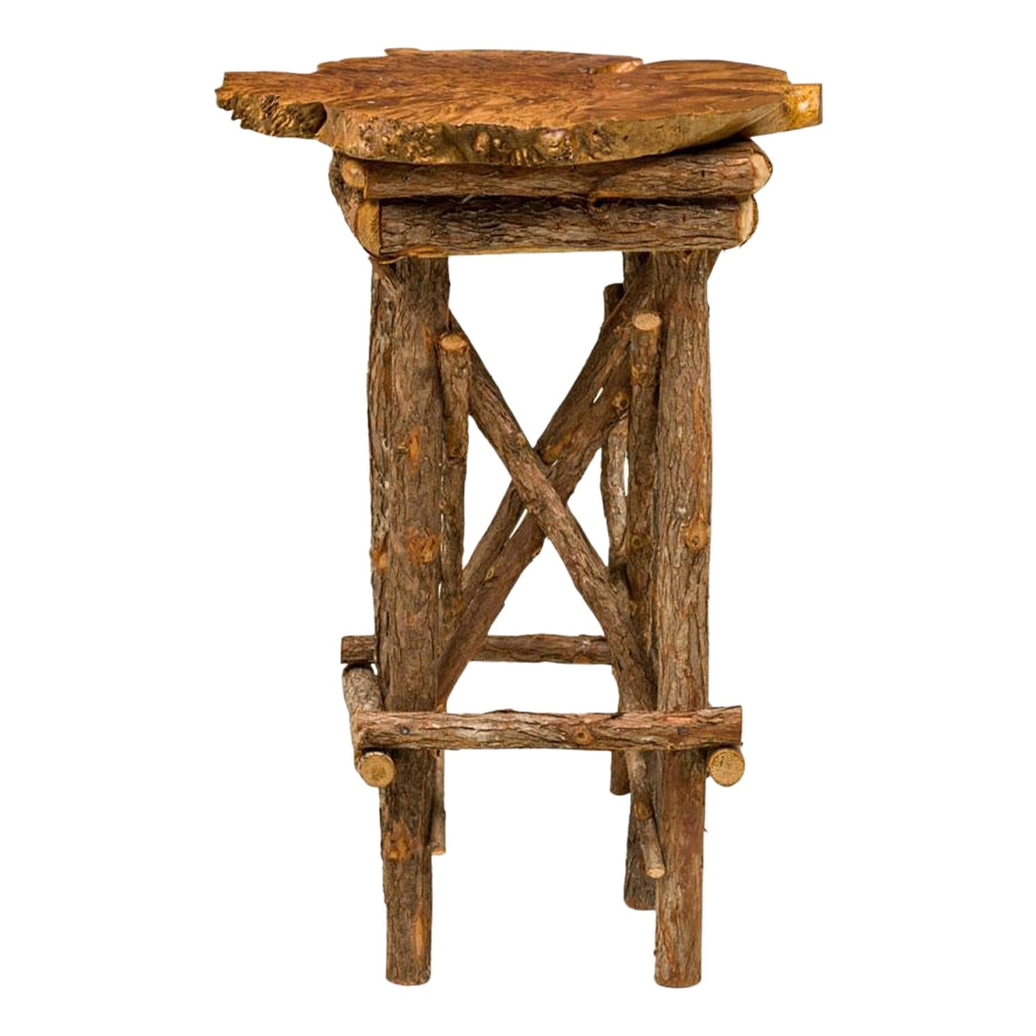 Rustic Adirondack Scalloped Petrified Wood and Branch Side / End Table For Sale