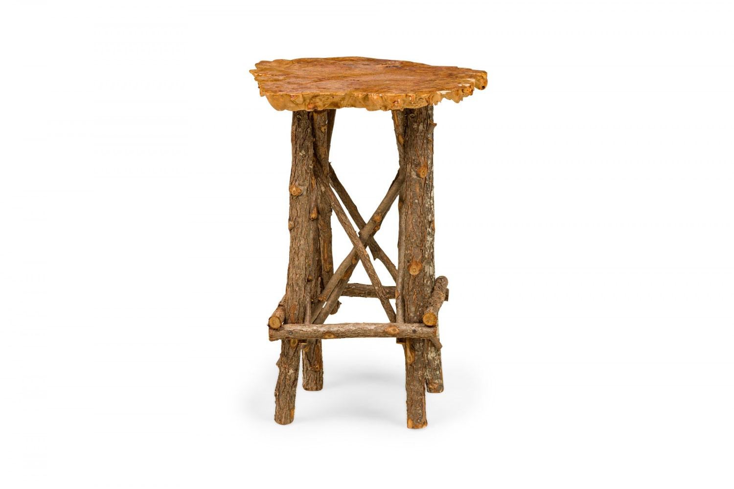 American Rustic Adirondack Scalloped Petrified Wood and Branch X-Base Side / End Table For Sale