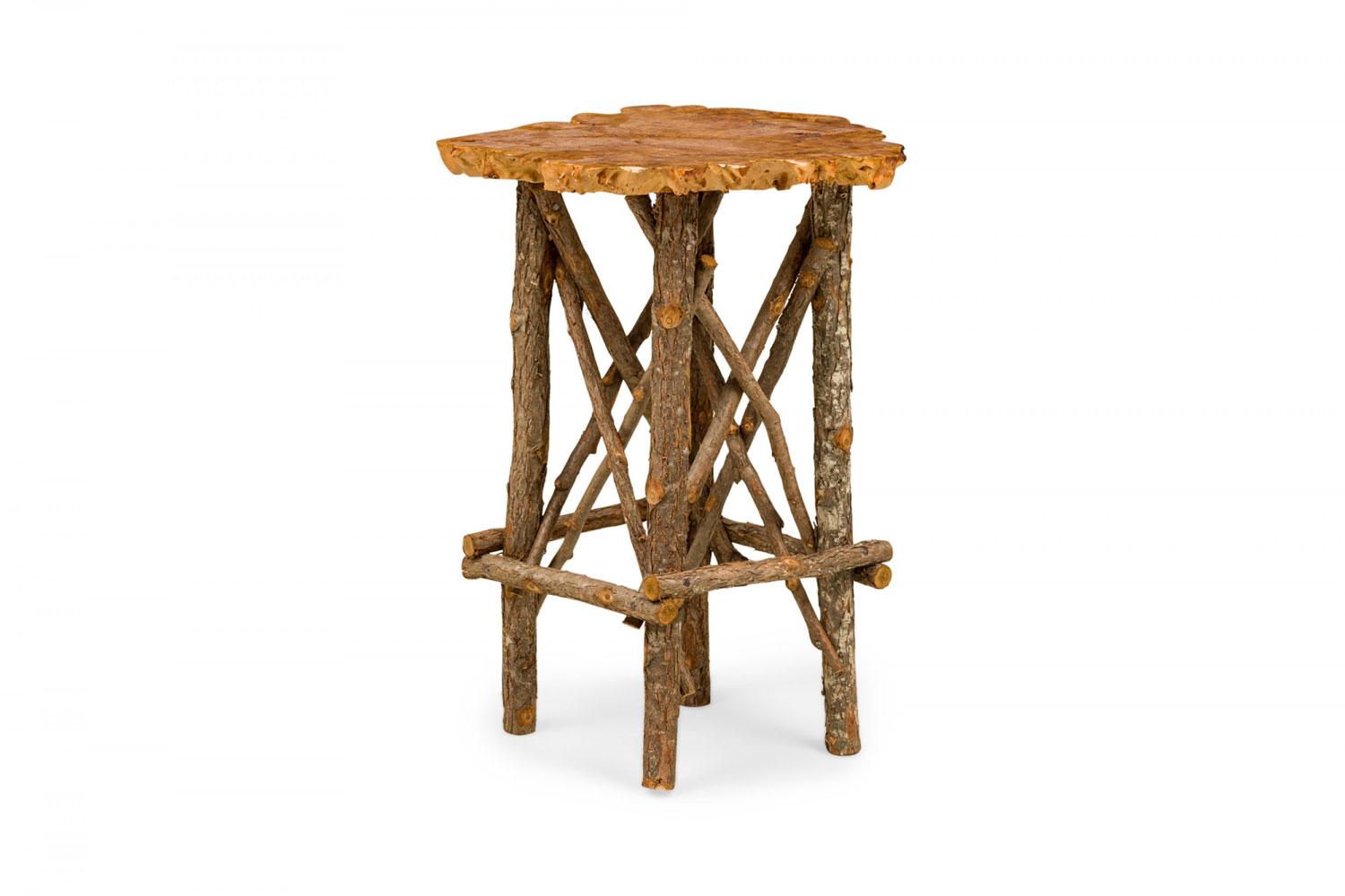 Rustic Adirondack Scalloped Petrified Wood and Branch X-Base Side / End Table In Good Condition For Sale In Queens, NY