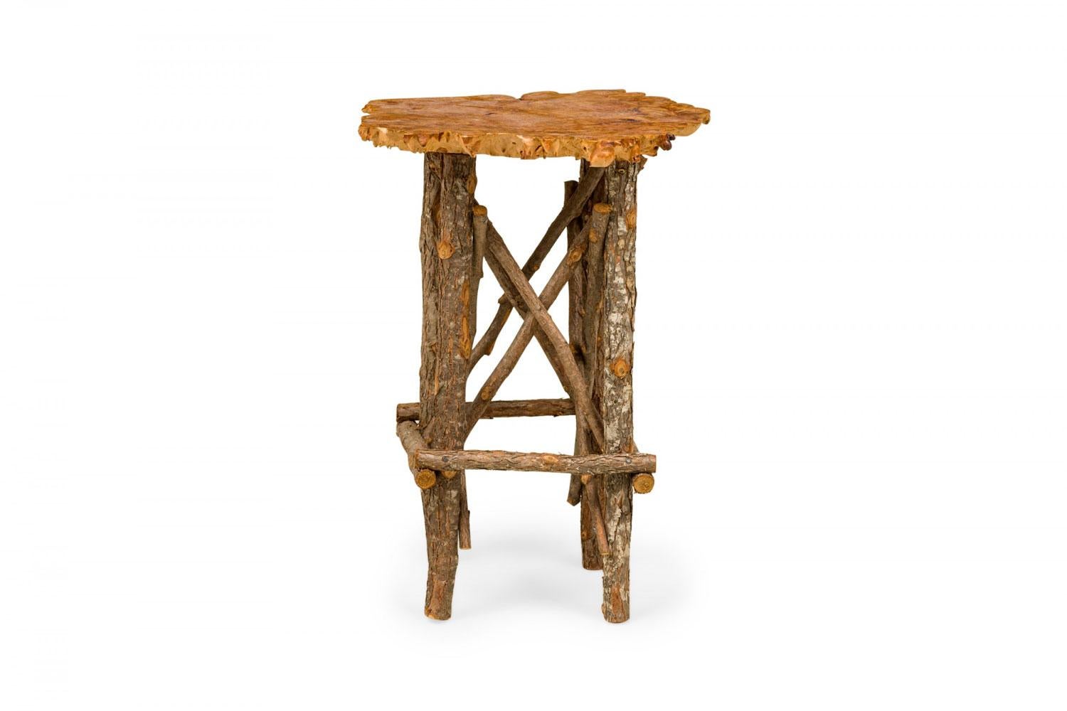 20th Century Rustic Adirondack Scalloped Petrified Wood and Branch X-Base Side / End Table For Sale