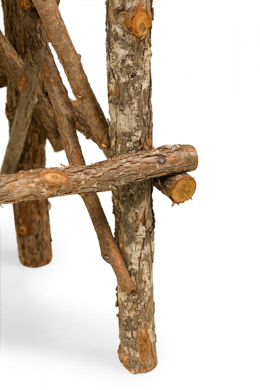 Iron Rustic Adirondack Scalloped Petrified Wood and Branch X-Base Side / End Table For Sale