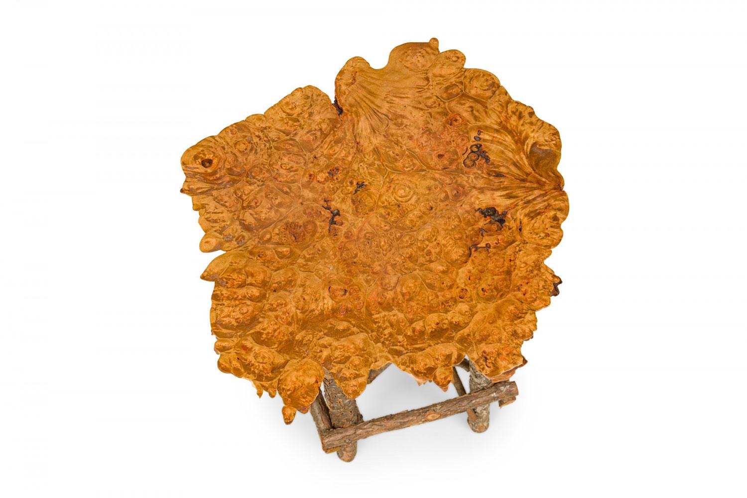 Rustic Adirondack Scalloped Petrified Wood and Branch X-Base Side / End Table For Sale 1