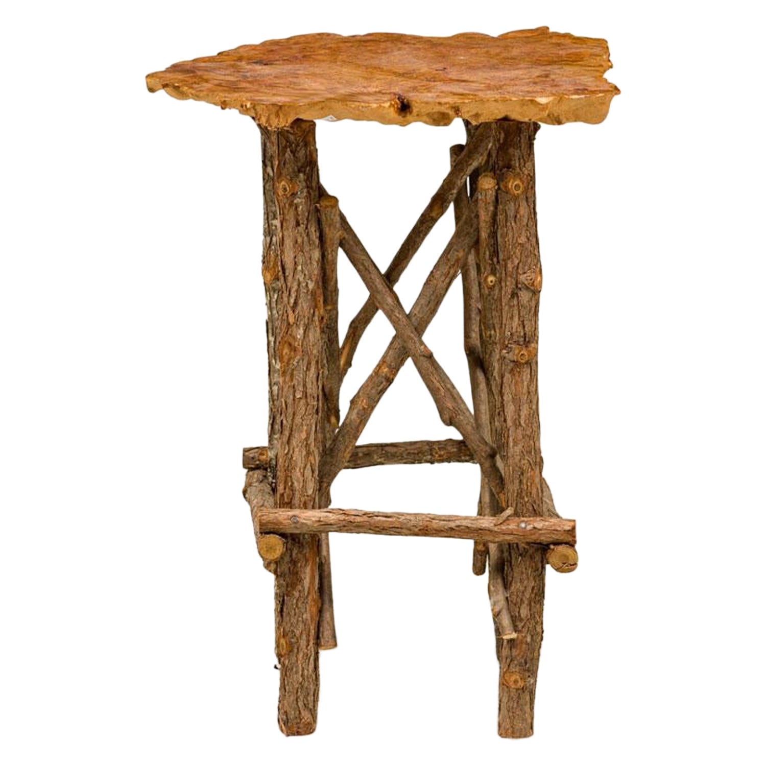 Rustic Adirondack Scalloped Petrified Wood and Branch X-Base Side / End Table