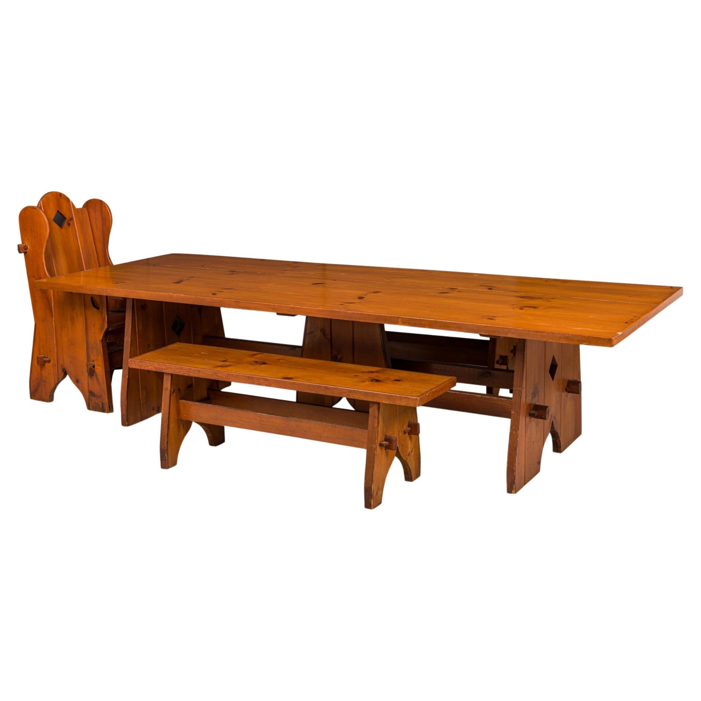 Rustic Adirondack Style Dining Set, Table, Four Benches, One Chair
