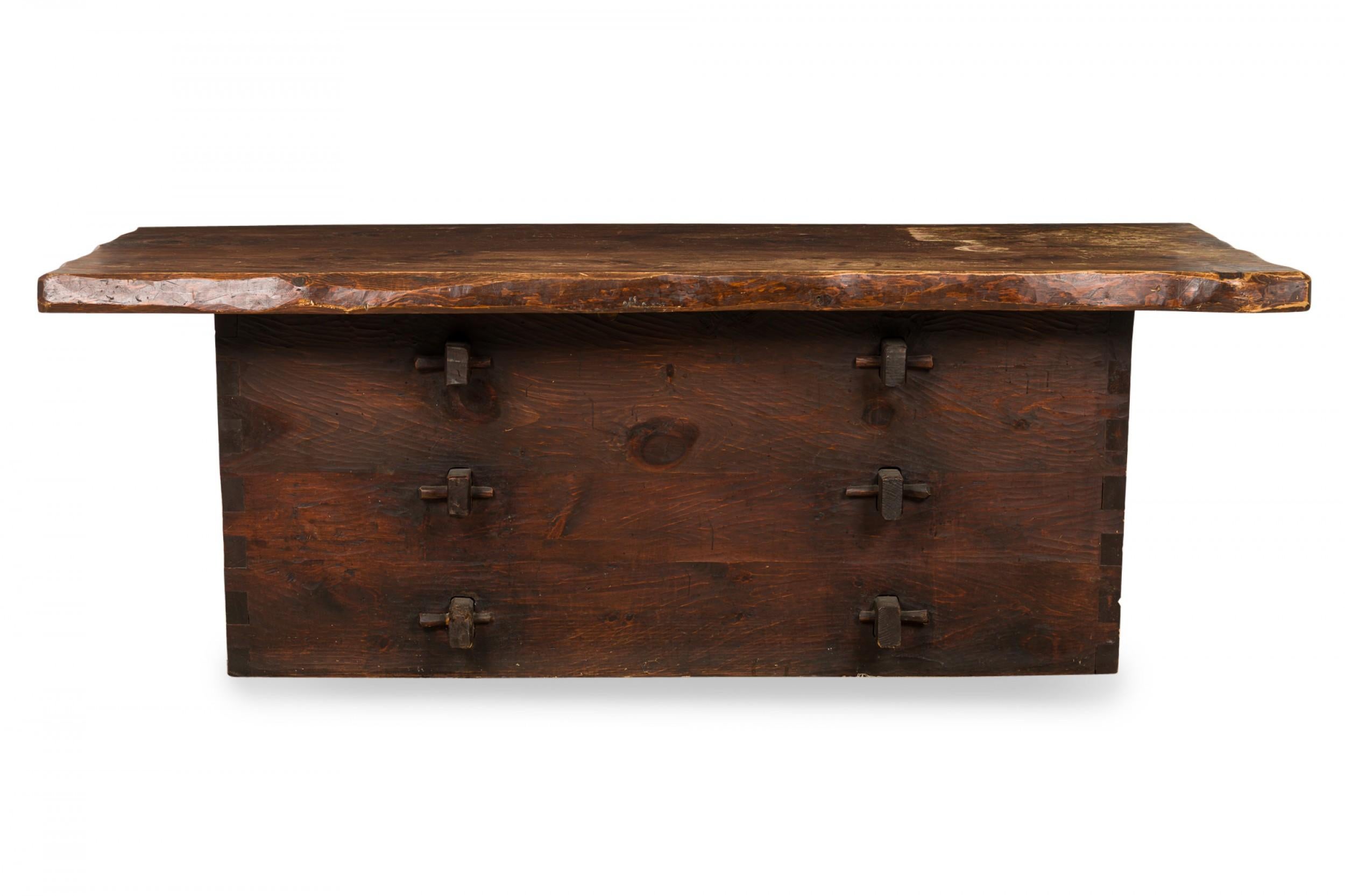Rustic Adirondack Style Hewn Dark Stained Wooden Kneehole Desk In Good Condition For Sale In New York, NY
