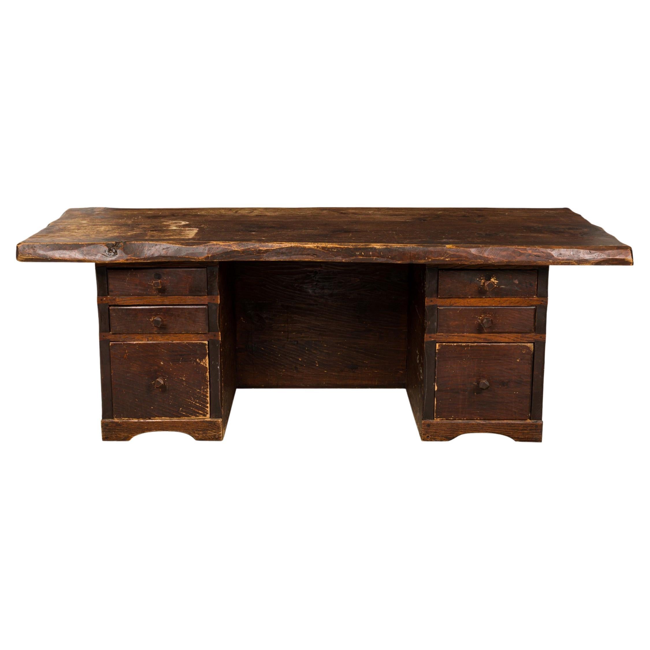 Rustic Adirondack Style Hewn Dark Stained Wooden Kneehole Desk For Sale