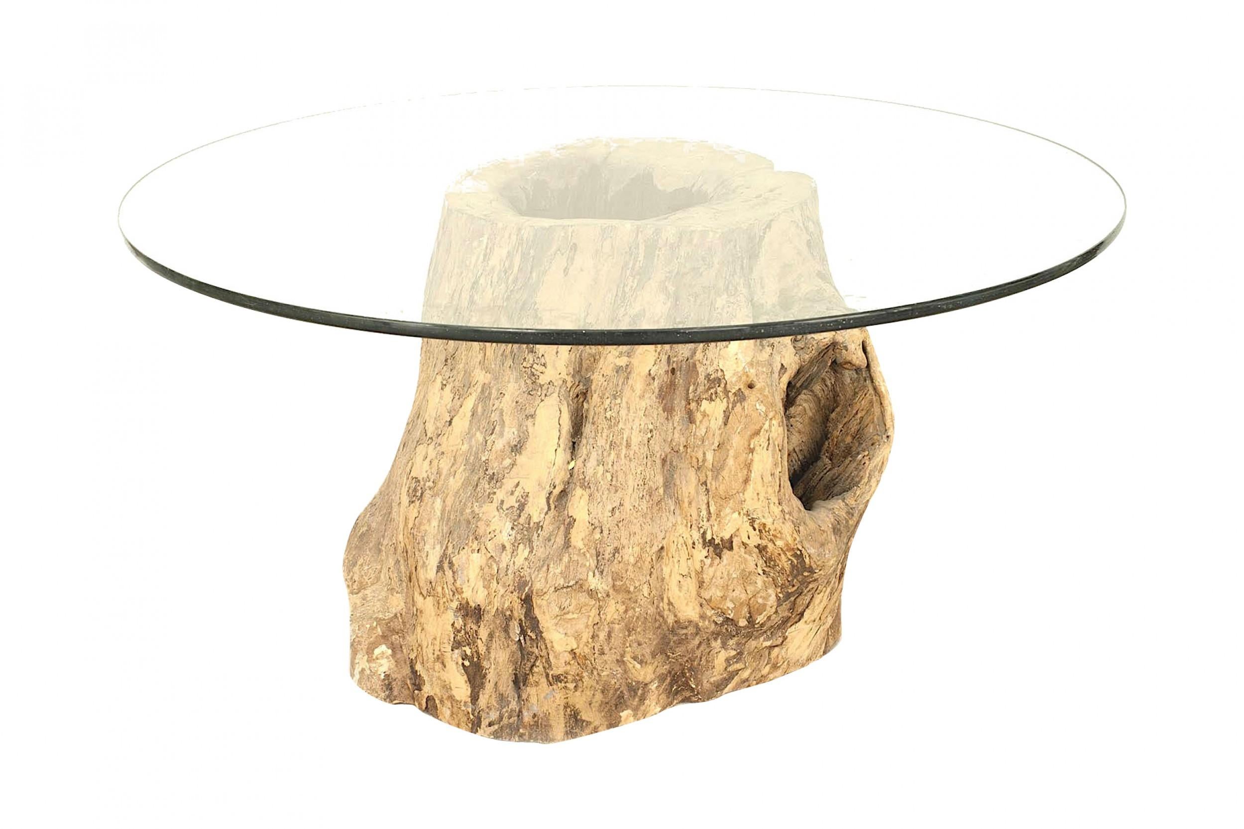glass dining table with tree trunk base