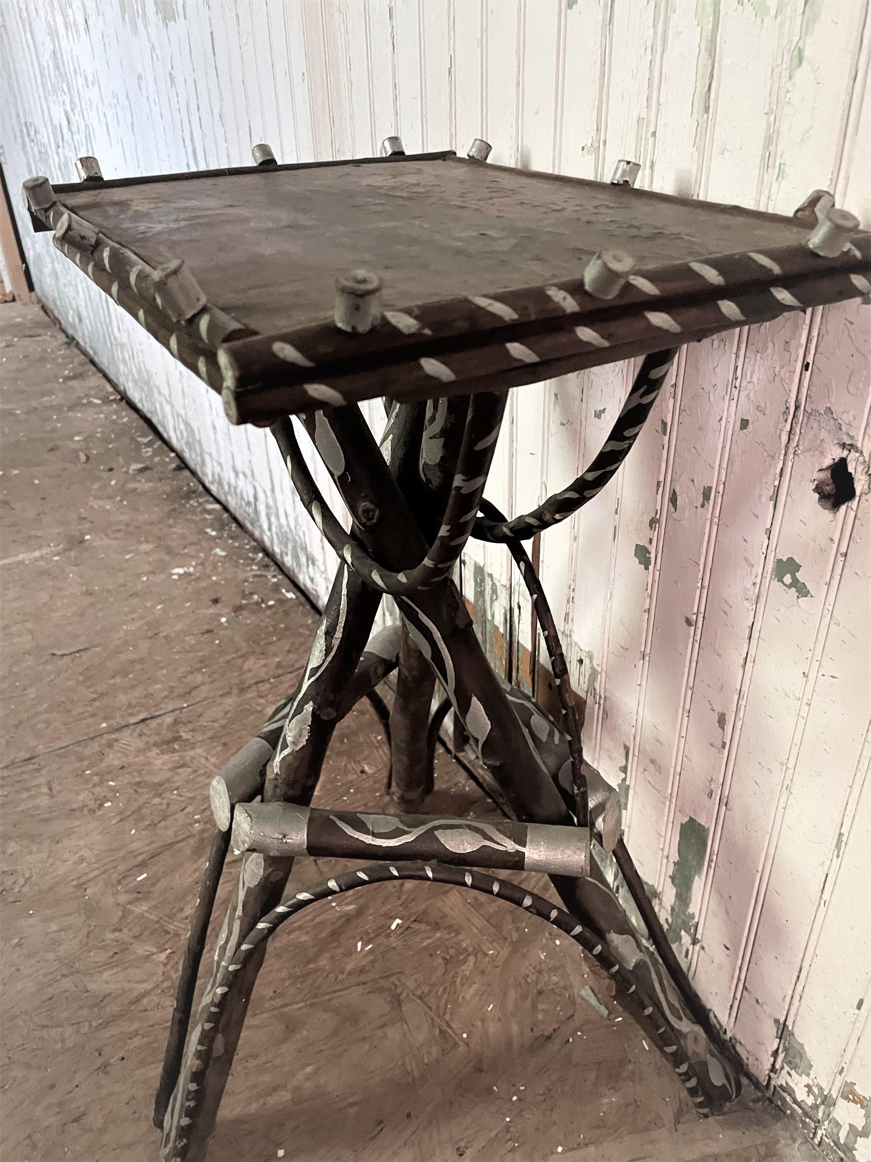 Hand-Painted Rustic Adirondack Twig Branch Stand Cabin Side Table Silver Painted Vines  For Sale