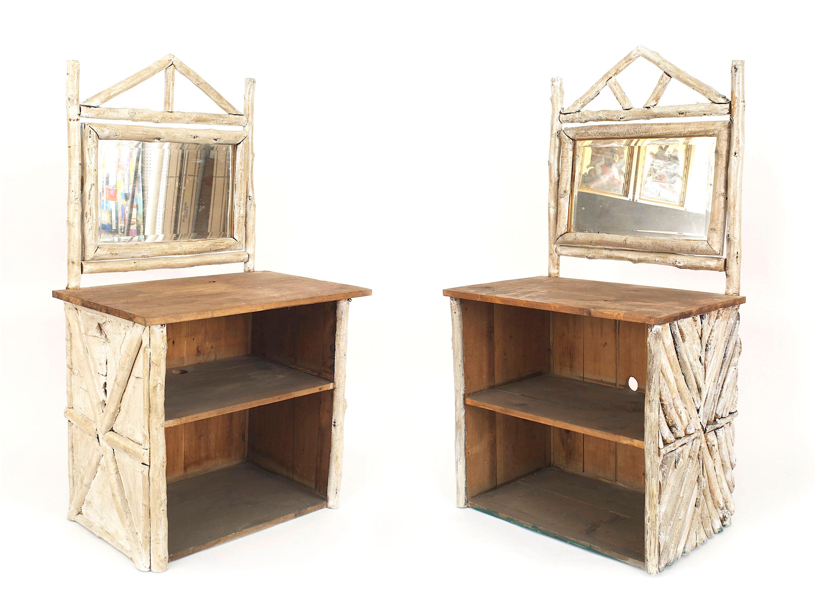 2 Similar Rustic American Adirondack (1920s) birch wood and bark dresser cabinets with 2 open shelves under a pine top with a mirror having a pediment framed top (PRICED EACH)
