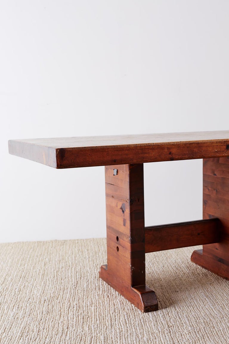 Rustic American Butcher Block Trestle Style Dining Table For Sale at