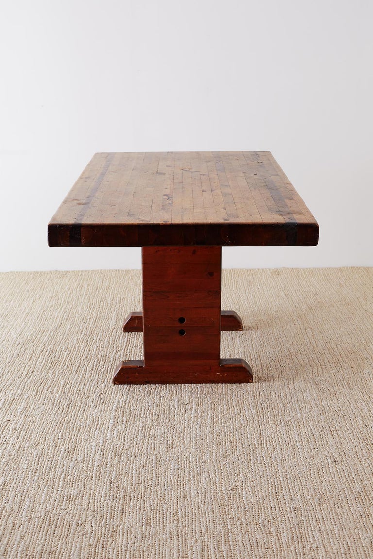 Rustic American Butcher Block Trestle Style Dining Table For Sale at